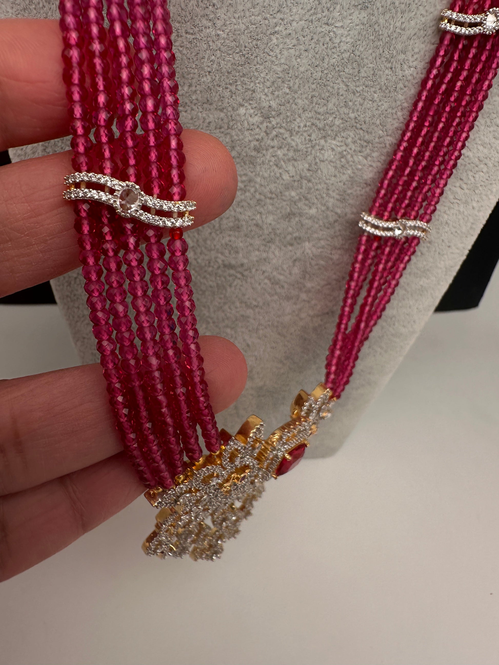 CZ Beads Long Color Stone Peacock Necklace - Pink