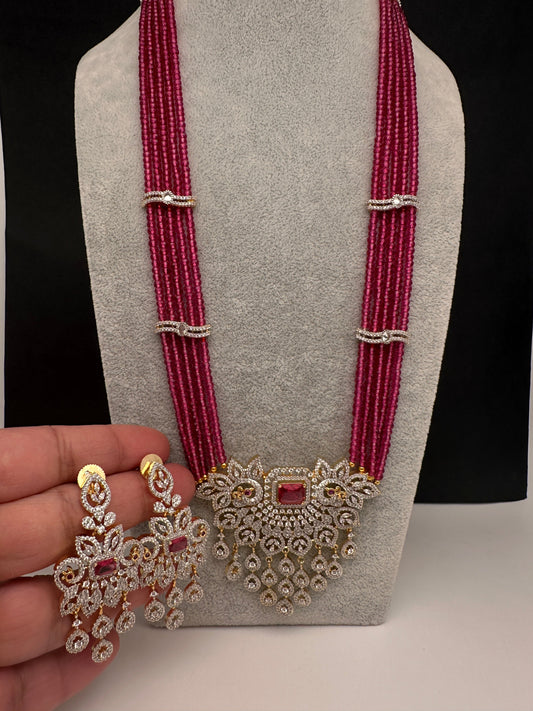 CZ Beads Long Color Stone Peacock Necklace - Pink