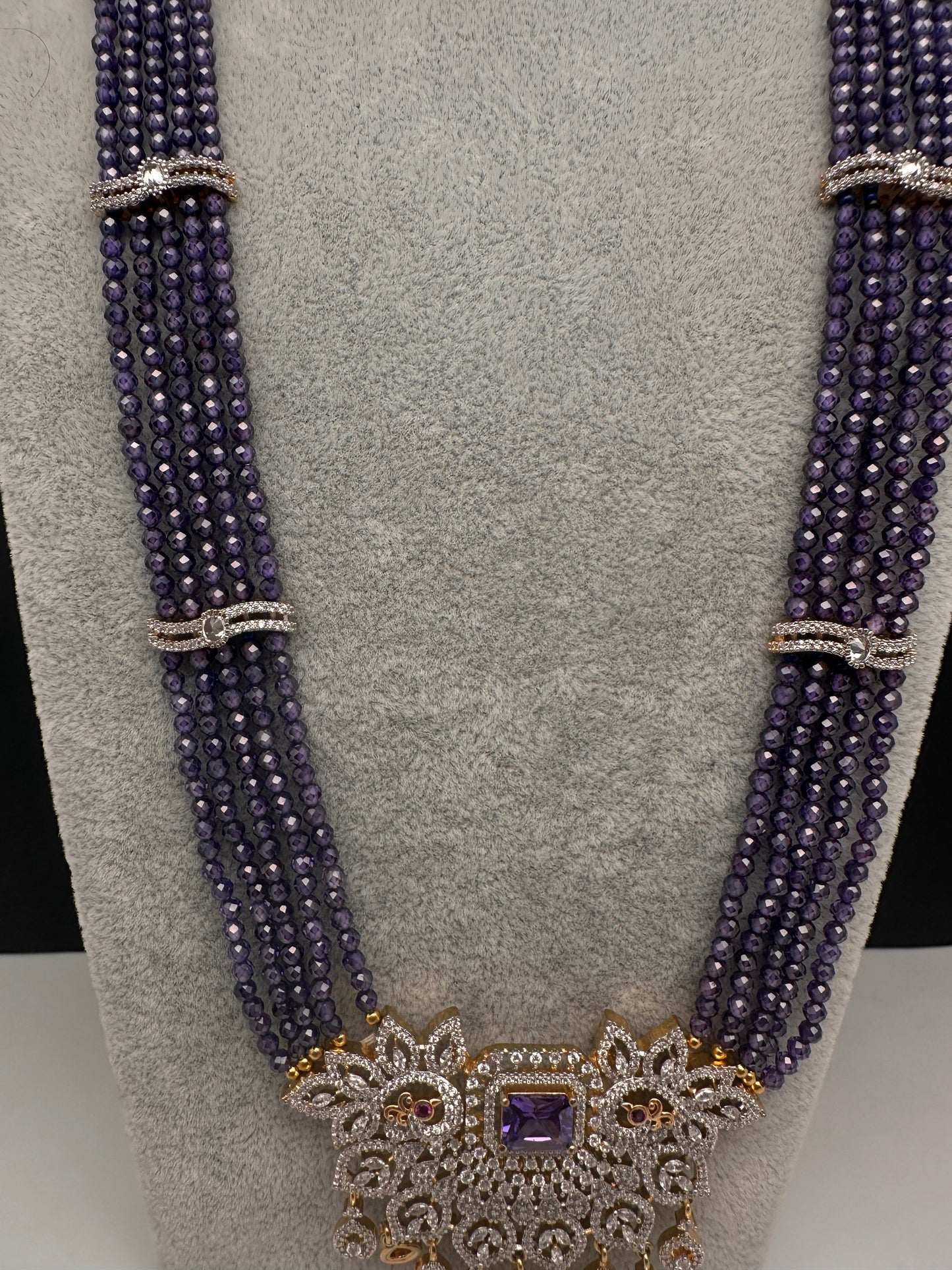 CZ Beads Long Color Stone Peacock Necklace - Purple