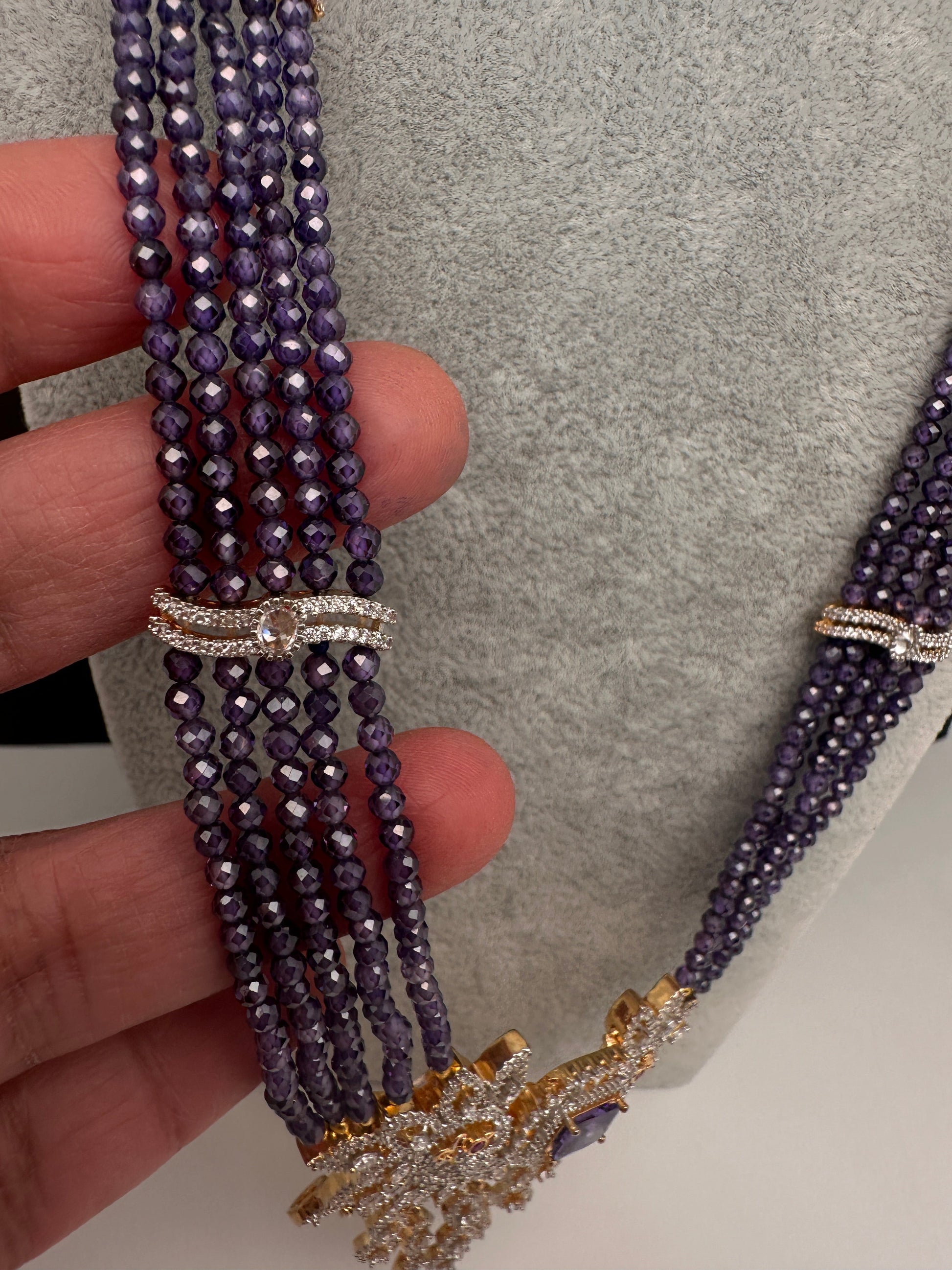 CZ Beads Long Color Stone Peacock Necklace - Purple
