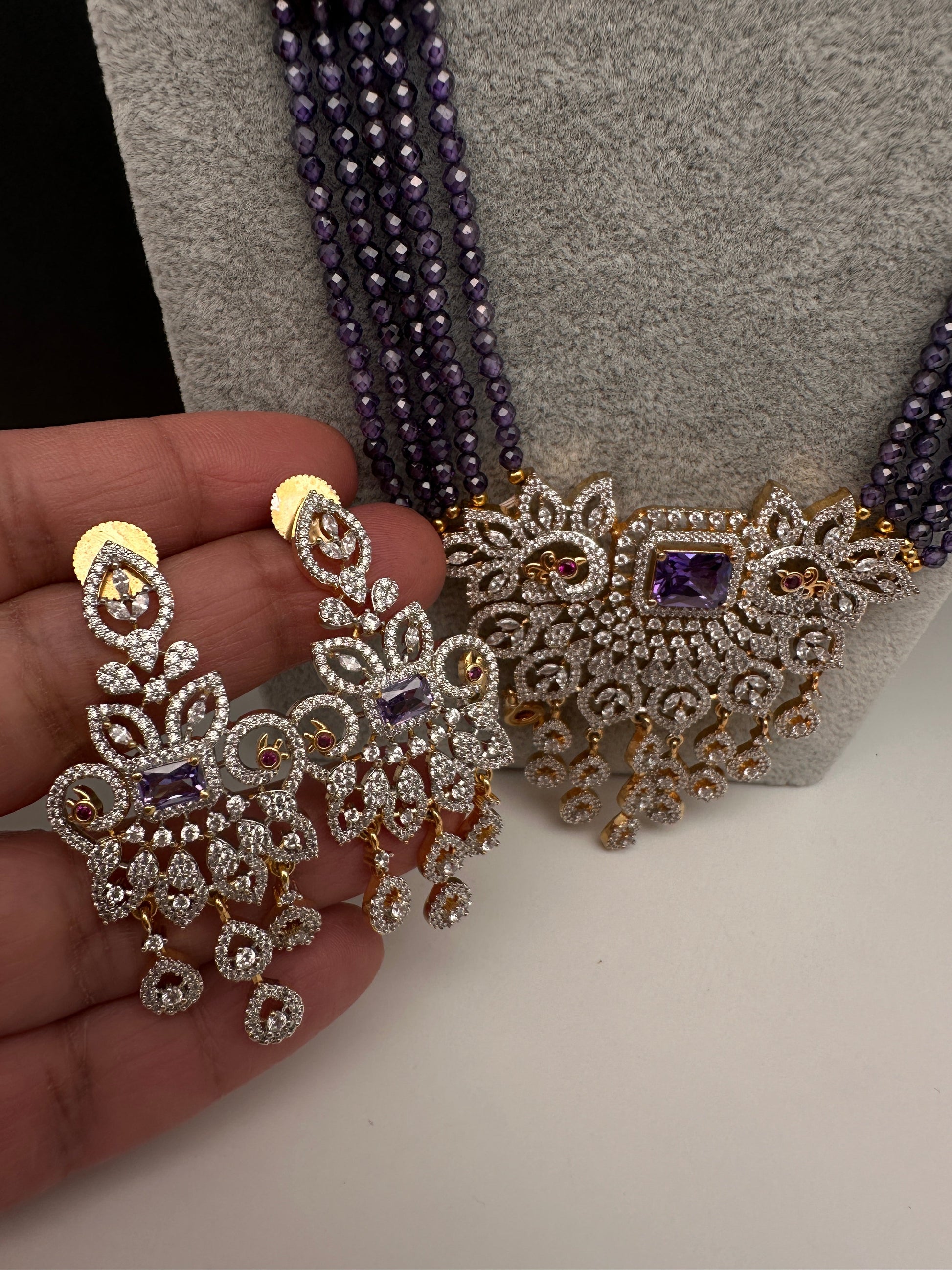 CZ Beads Long Color Stone Peacock Necklace - Purple