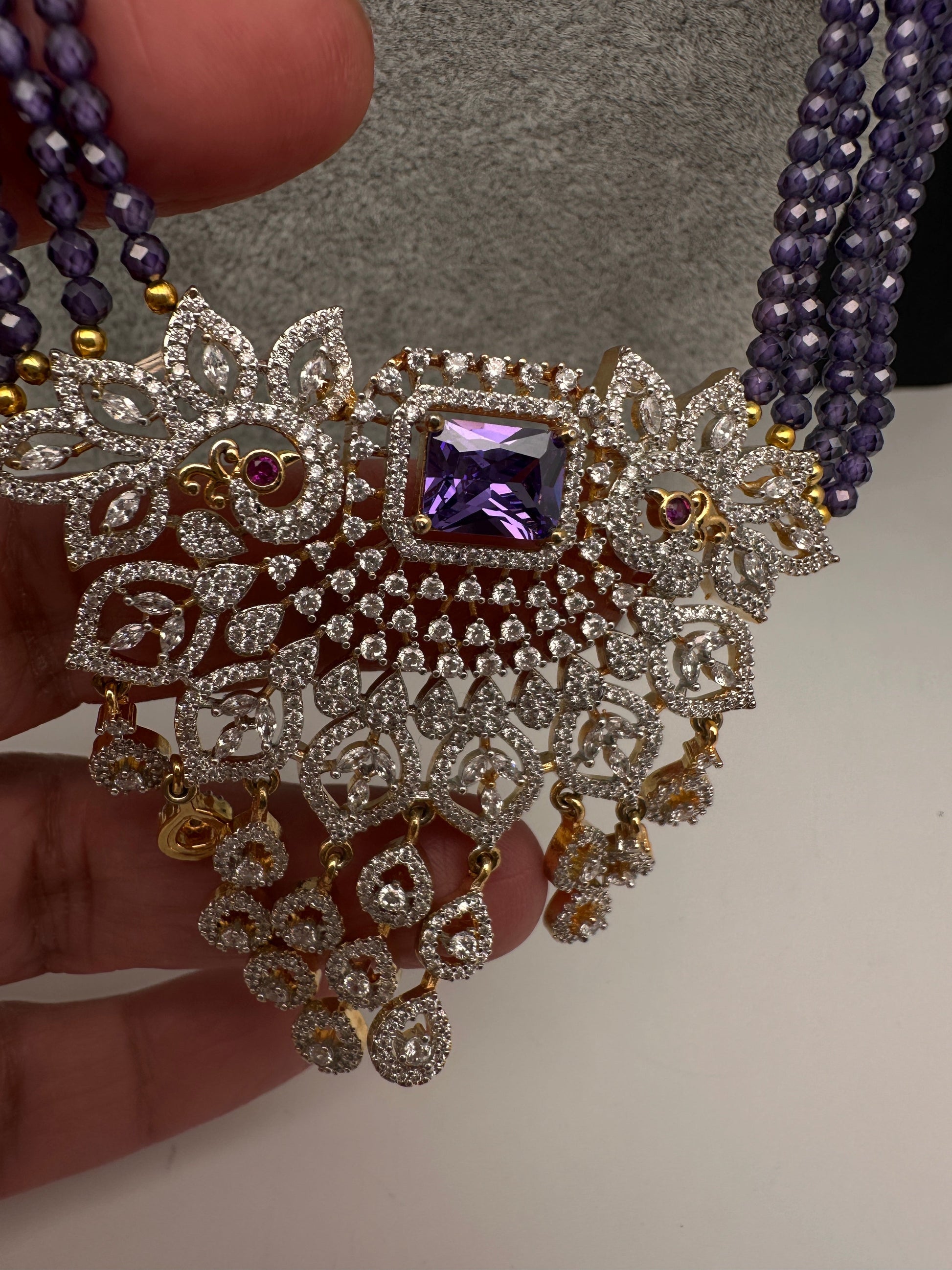 CZ Beads Long Color Stone Peacock Necklace - Purple