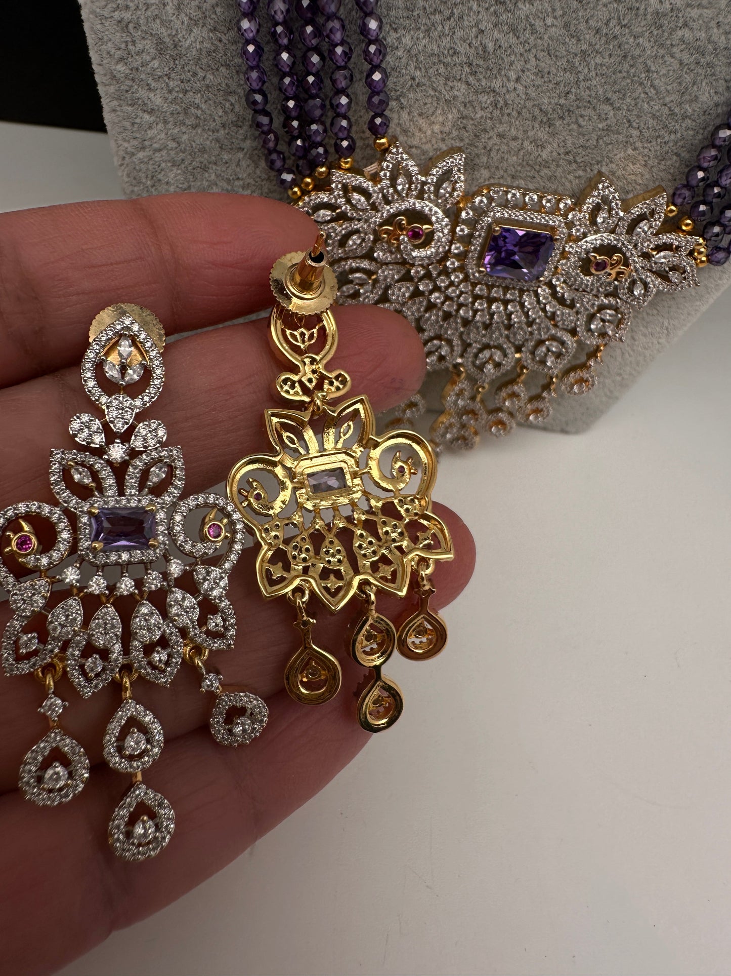 CZ Beads Long Color Stone Peacock Necklace - Purple