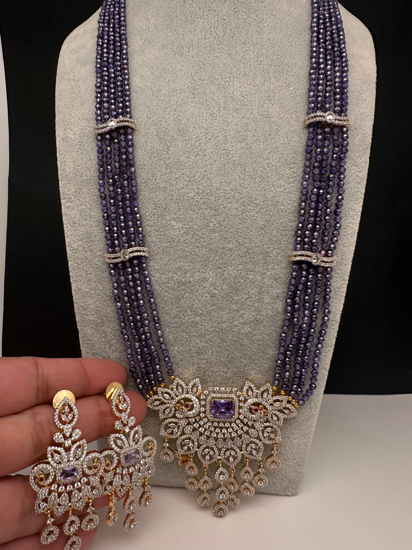 CZ Beads Long Color Stone Peacock Necklace - Purple