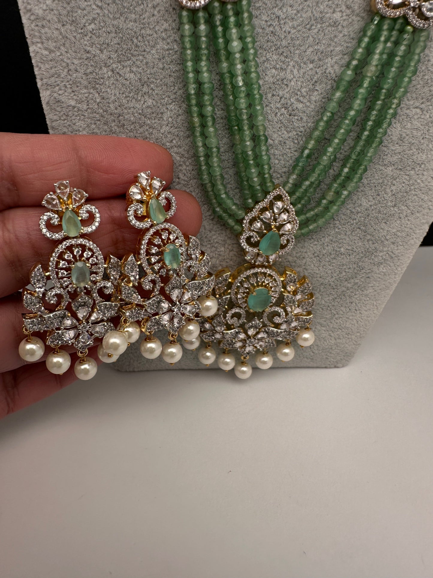 CZ Beads Long Color Stone Peacock Necklace - MintGreen