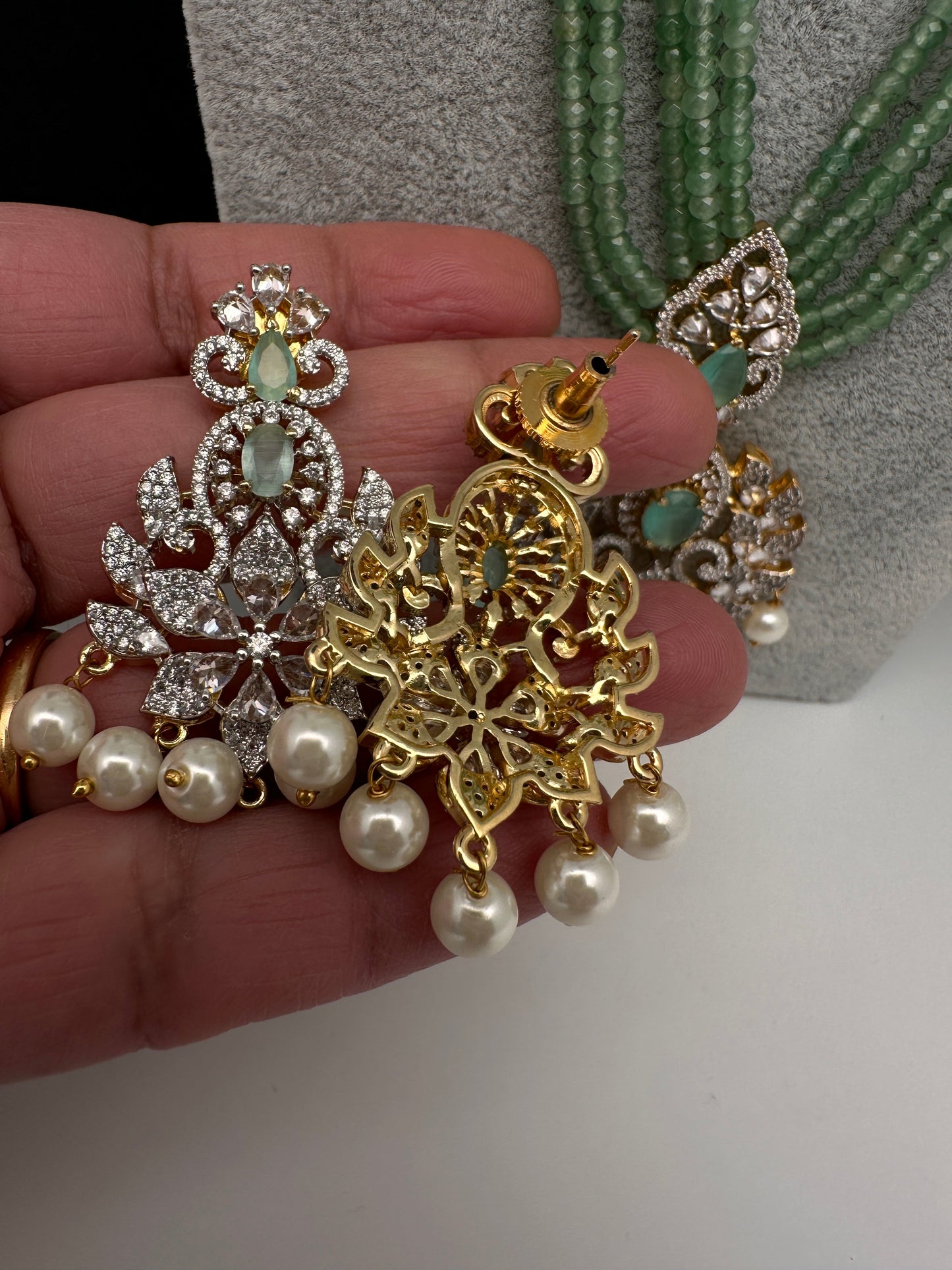 CZ Beads Long Color Stone Peacock Necklace - MintGreen