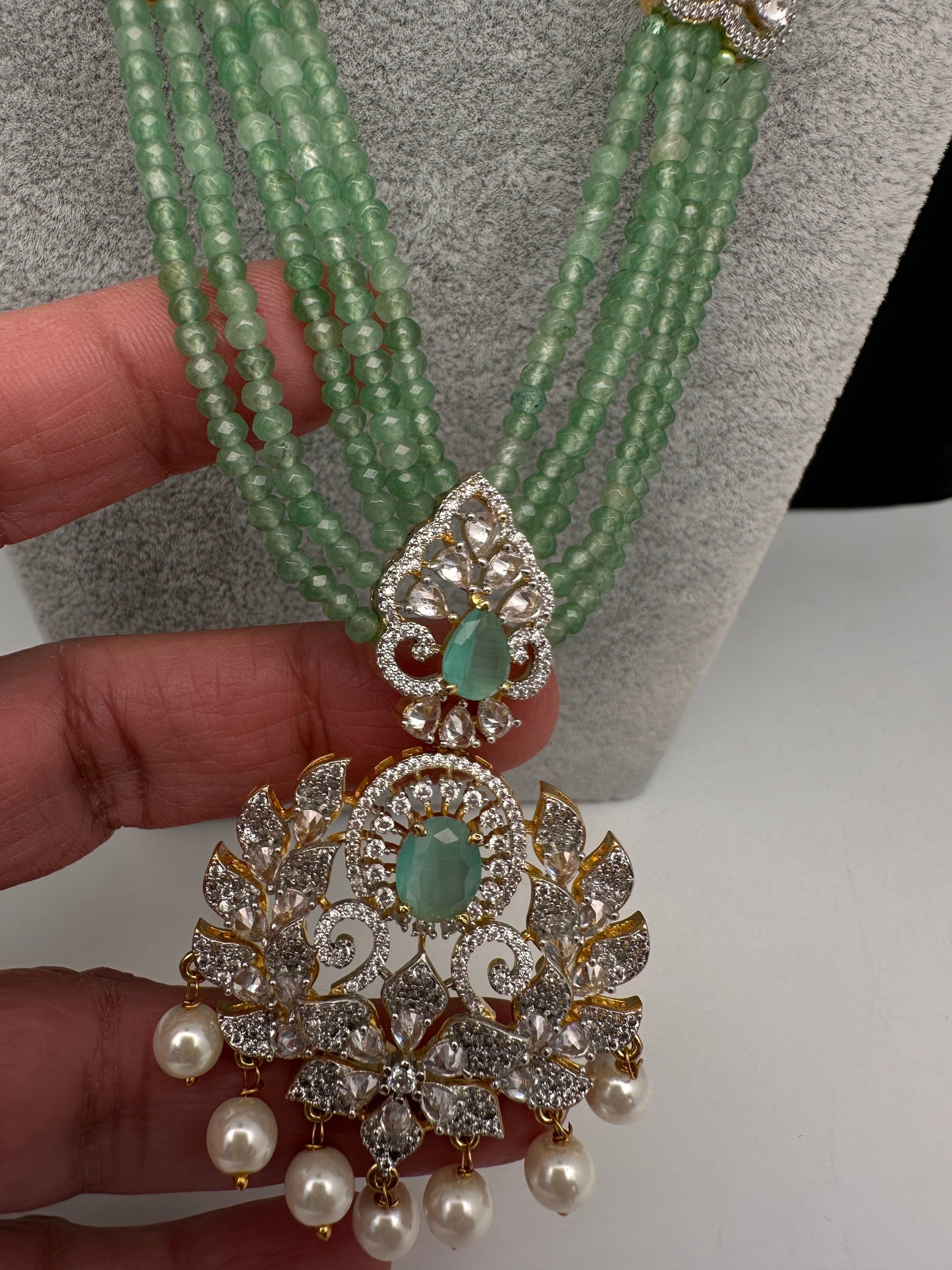 CZ Beads Long Color Stone Peacock Necklace - MintGreen