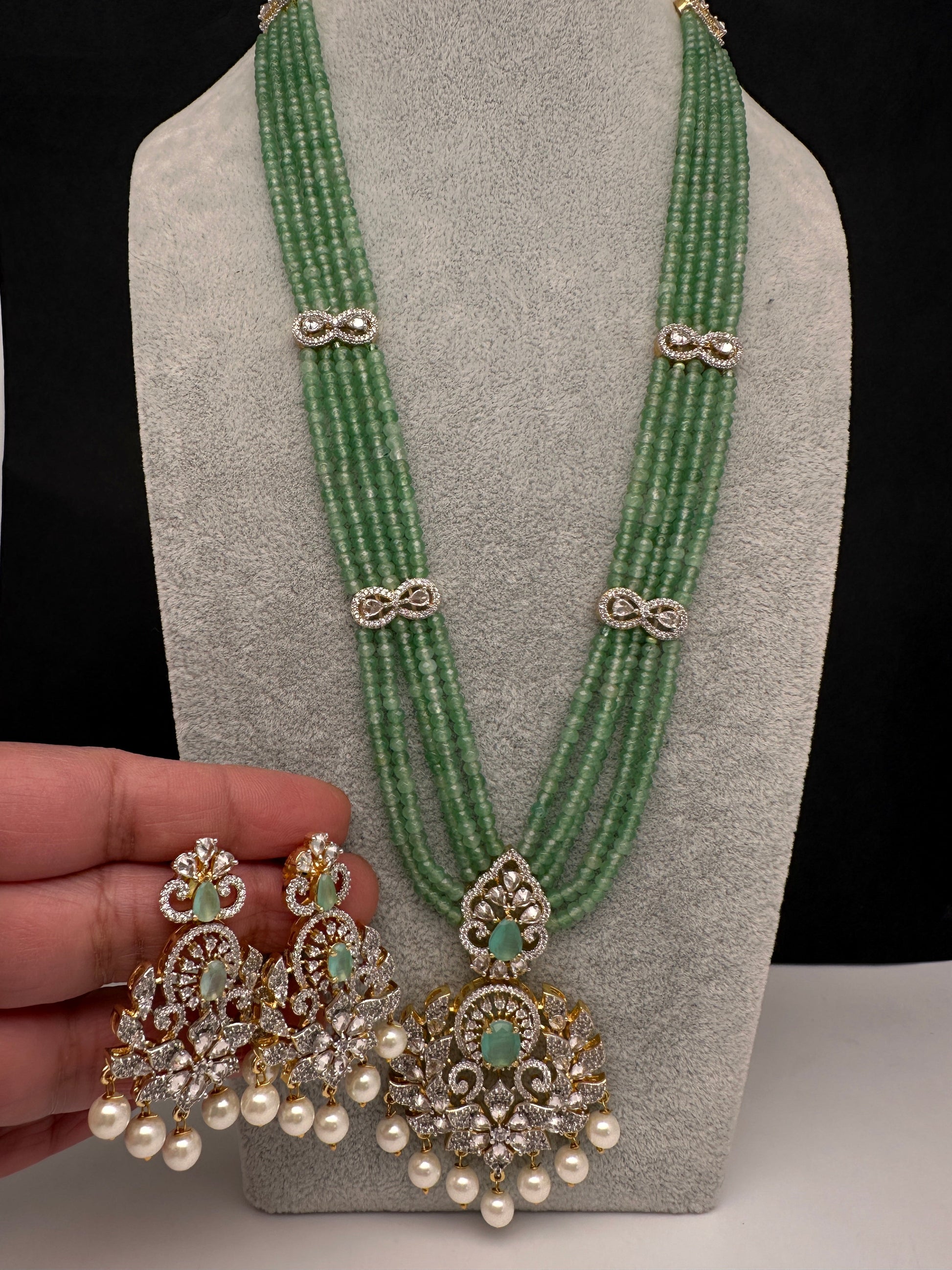 CZ Beads Long Color Stone Peacock Necklace - MintGreen
