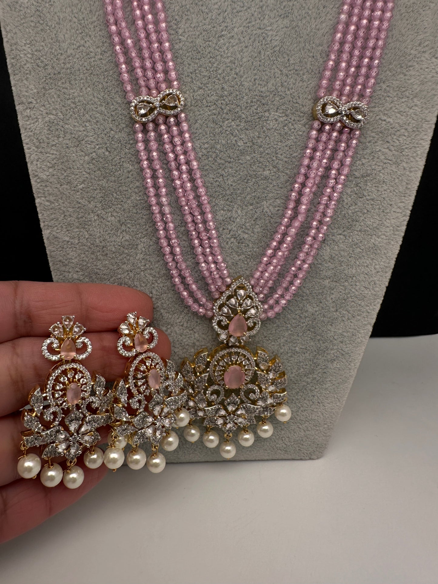 CZ Beads Long Color Stone Peacock Necklace - Pink