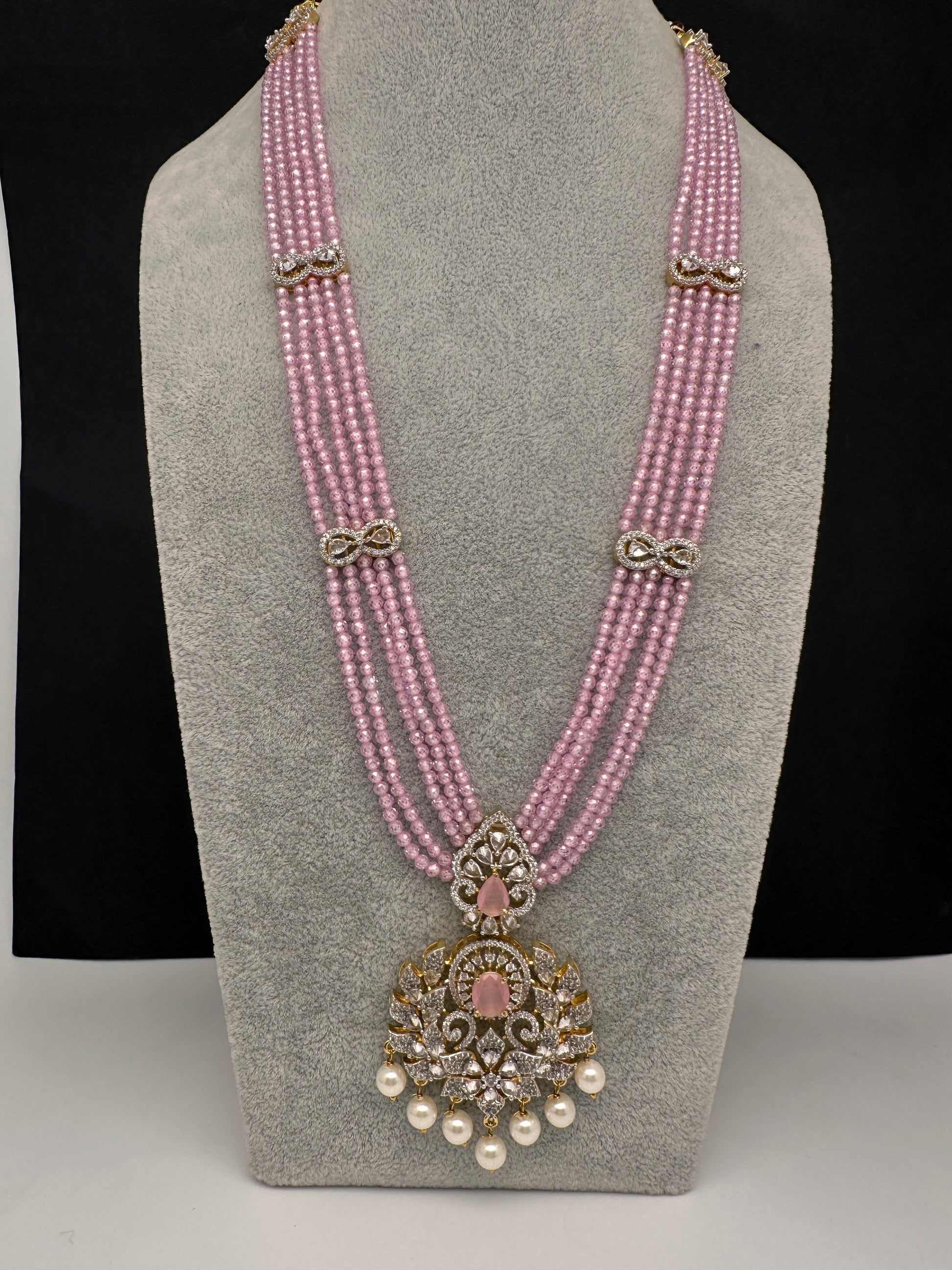 CZ Beads Long Color Stone Peacock Necklace - Pink