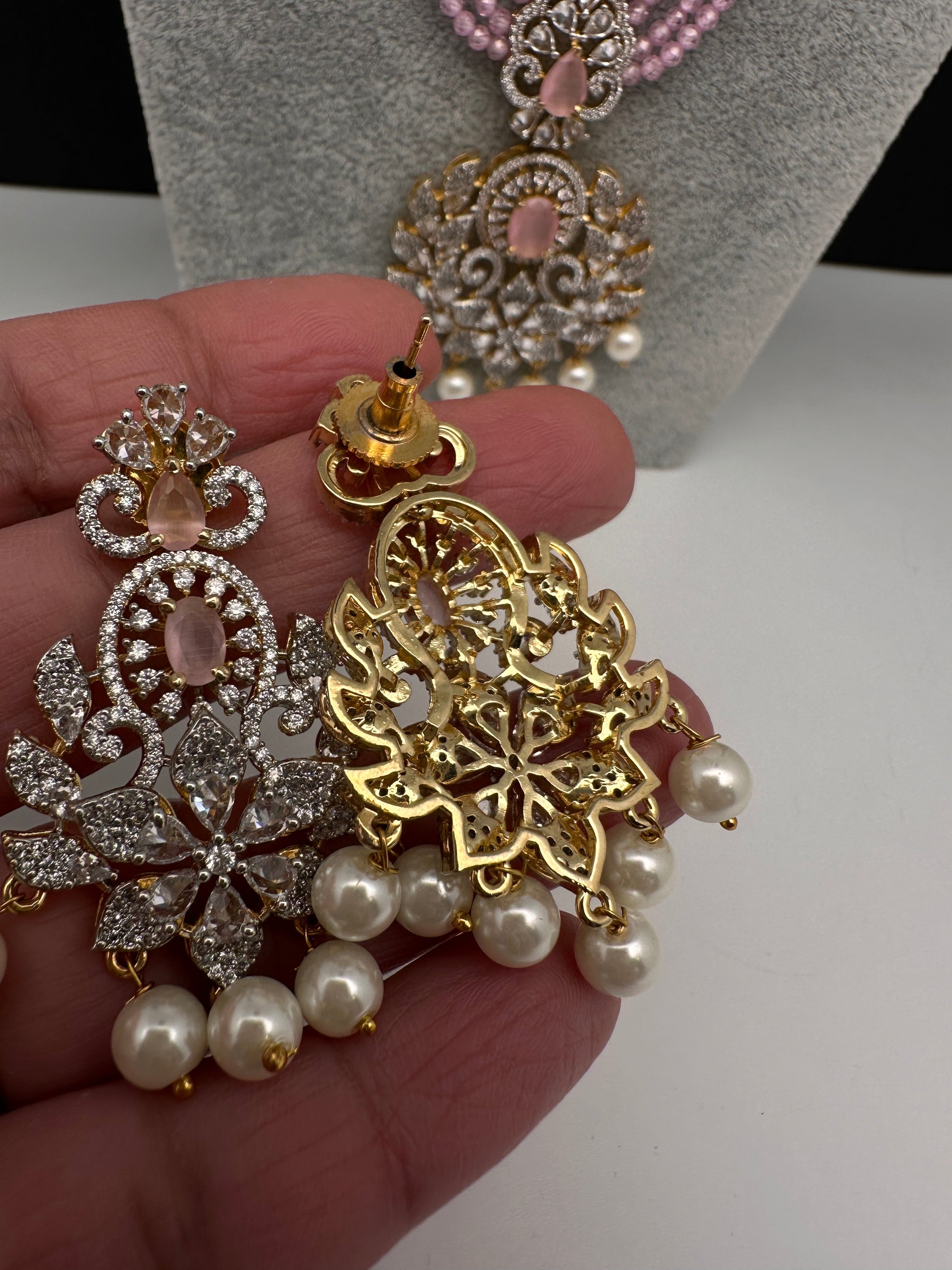 CZ Beads Long Color Stone Peacock Necklace - Pink