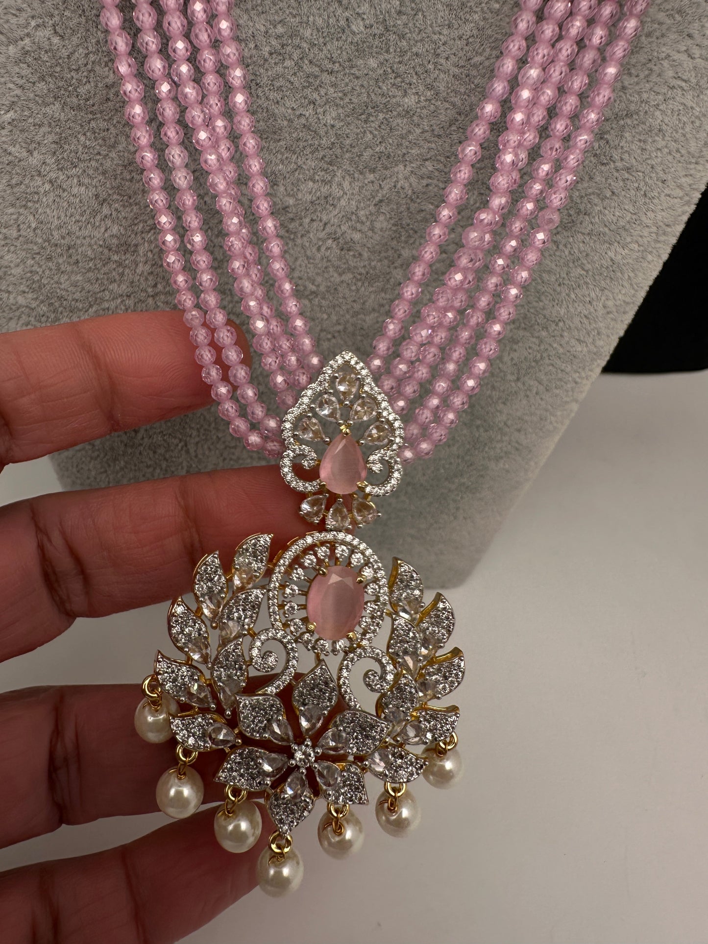 CZ Beads Long Color Stone Peacock Necklace - Pink