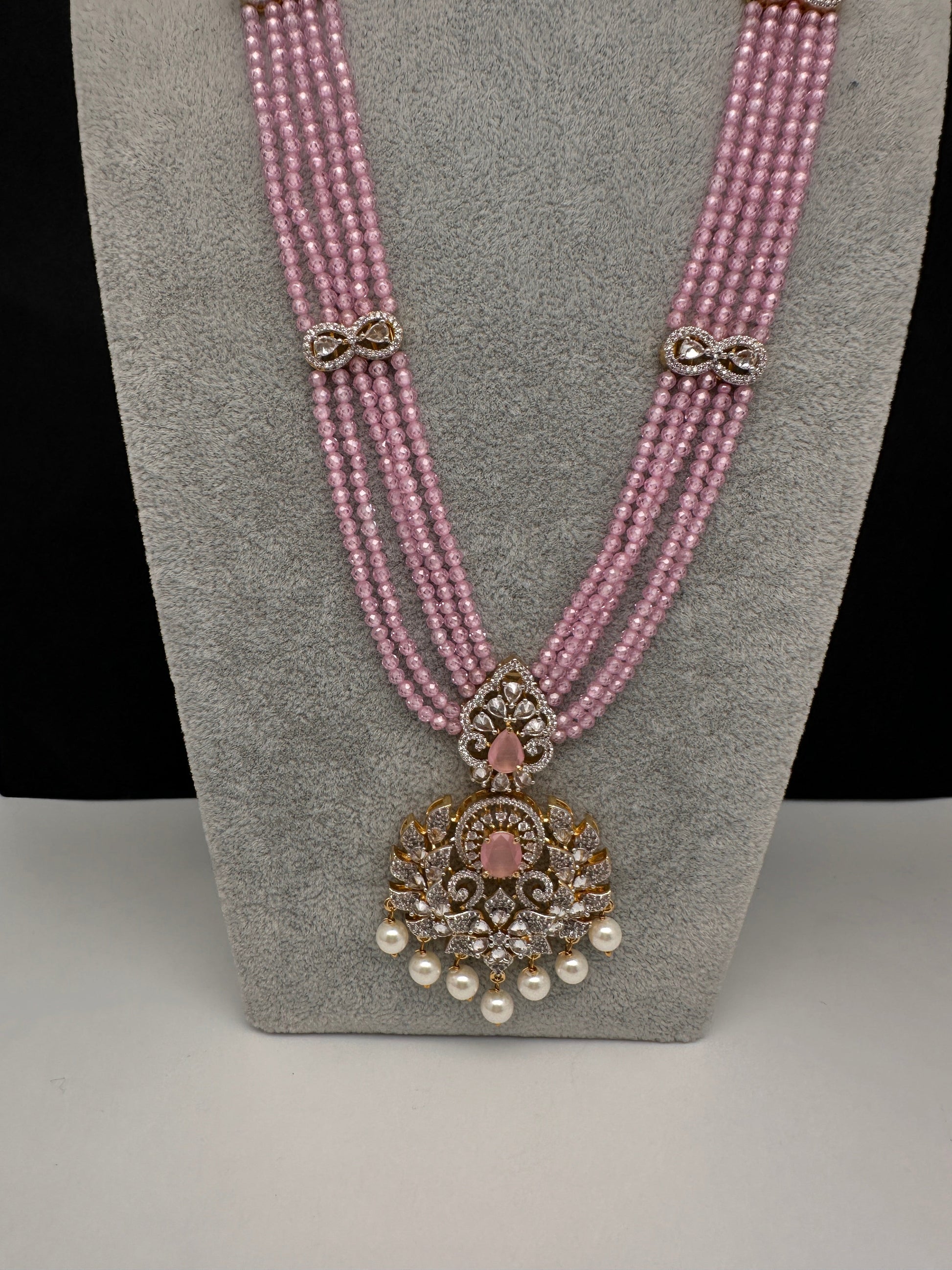 CZ Beads Long Color Stone Peacock Necklace - Pink