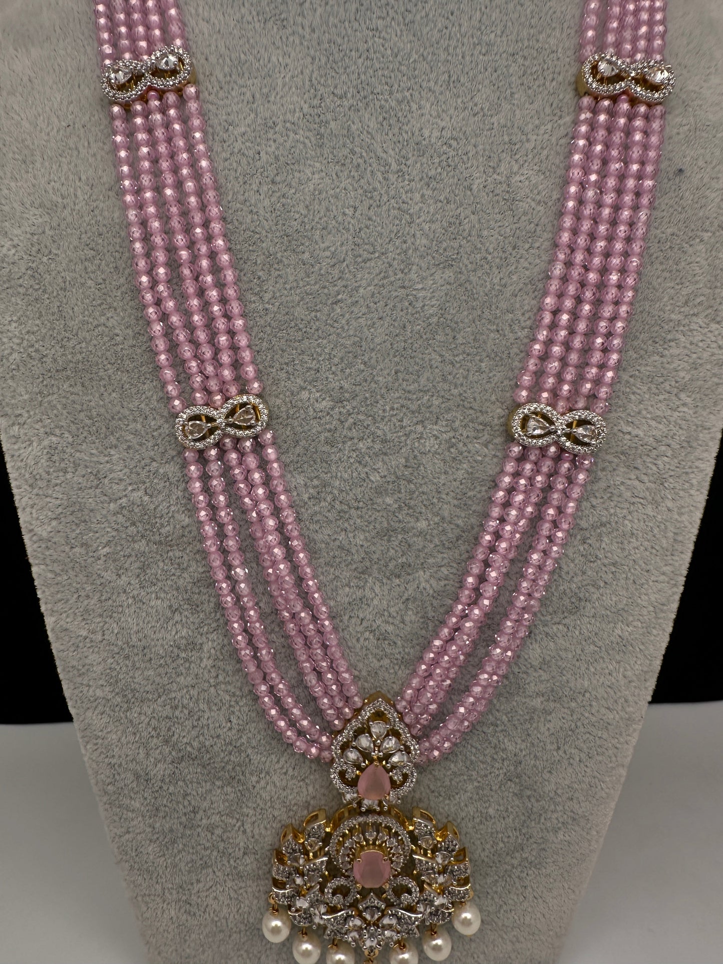 CZ Beads Long Color Stone Peacock Necklace - Pink