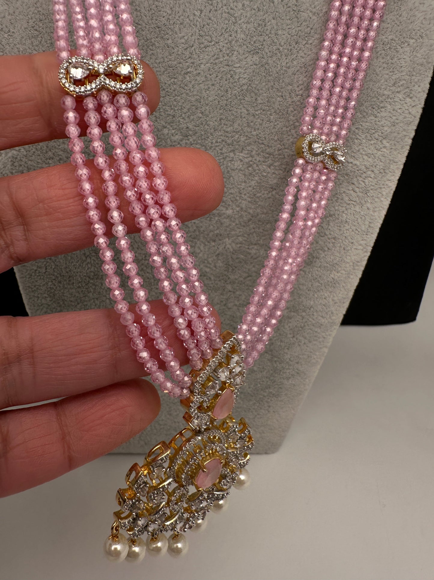 CZ Beads Long Color Stone Peacock Necklace - Pink