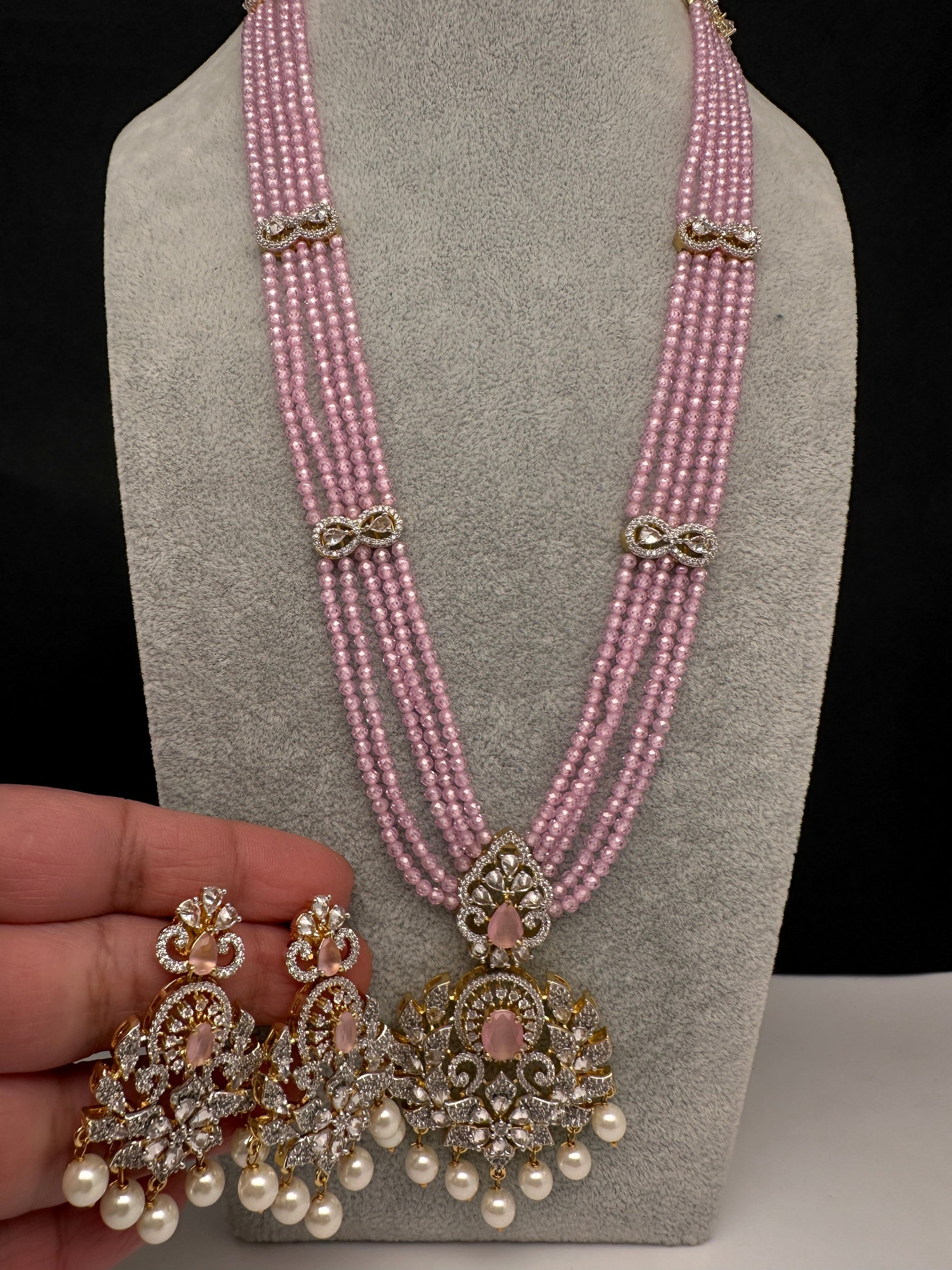 CZ Beads Long Color Stone Peacock Necklace - Pink
