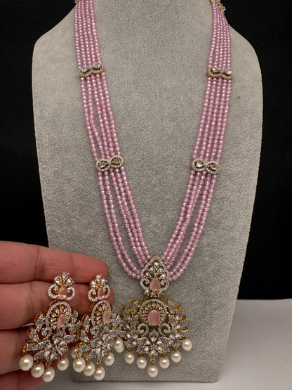 CZ Beads Long Color Stone Peacock Necklace - Pink