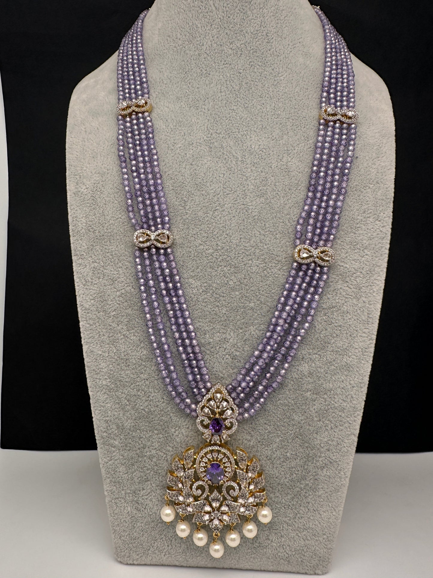 CZ Beads Long Color Stone Peacock Necklace - Purple