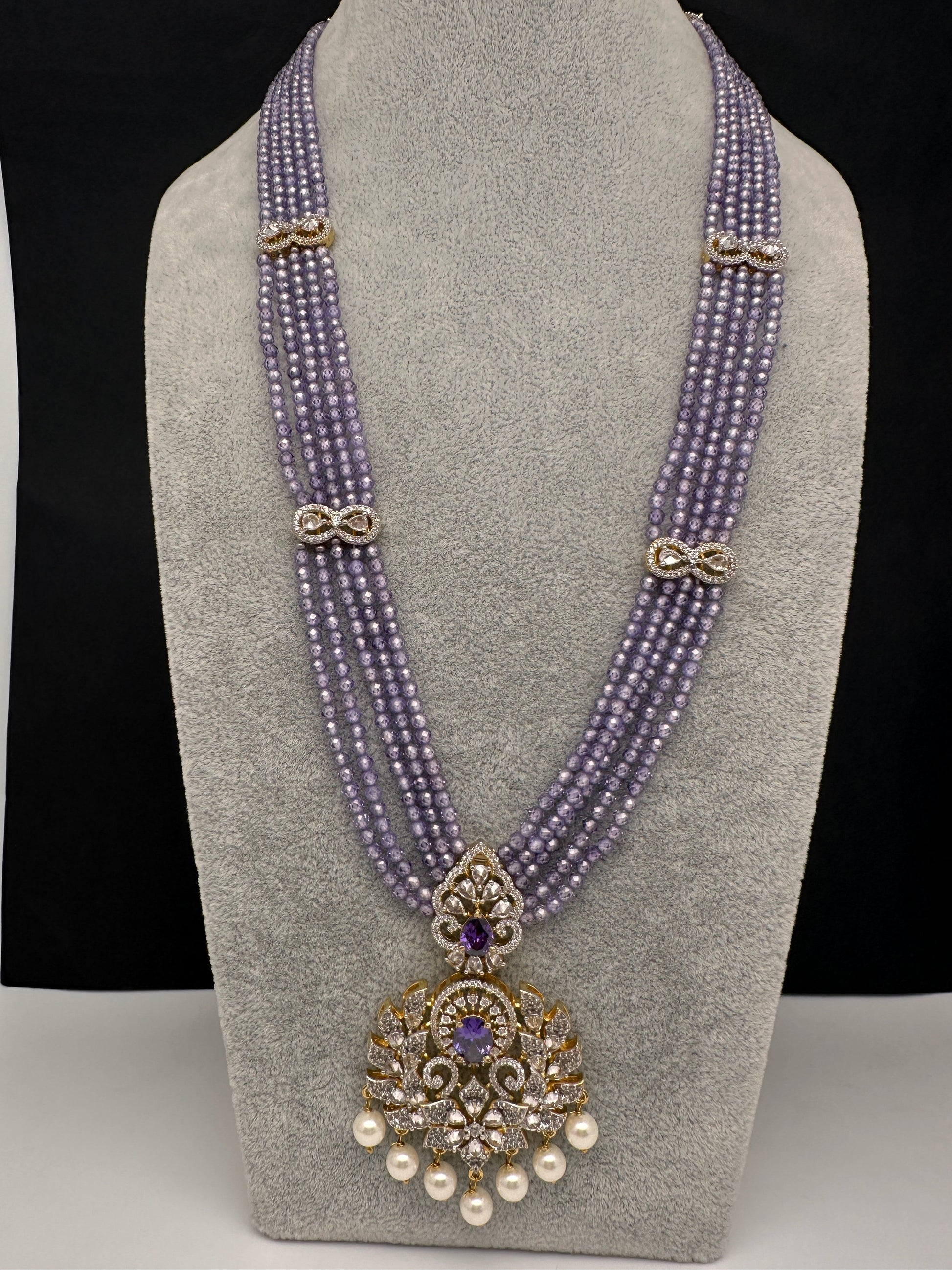 CZ Beads Long Color Stone Peacock Necklace - Purple