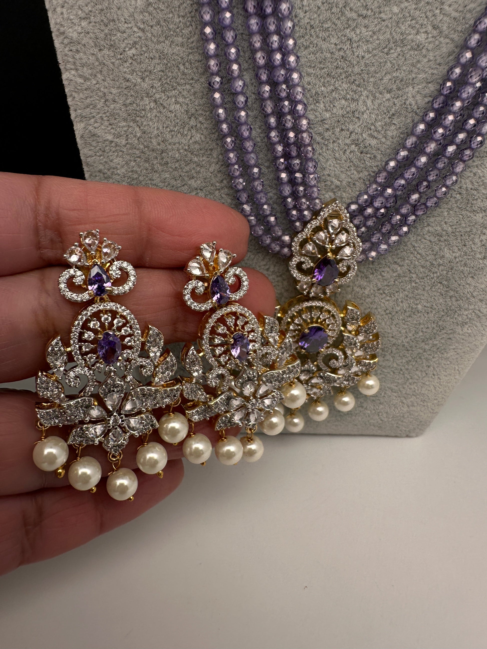 CZ Beads Long Color Stone Peacock Necklace - Purple