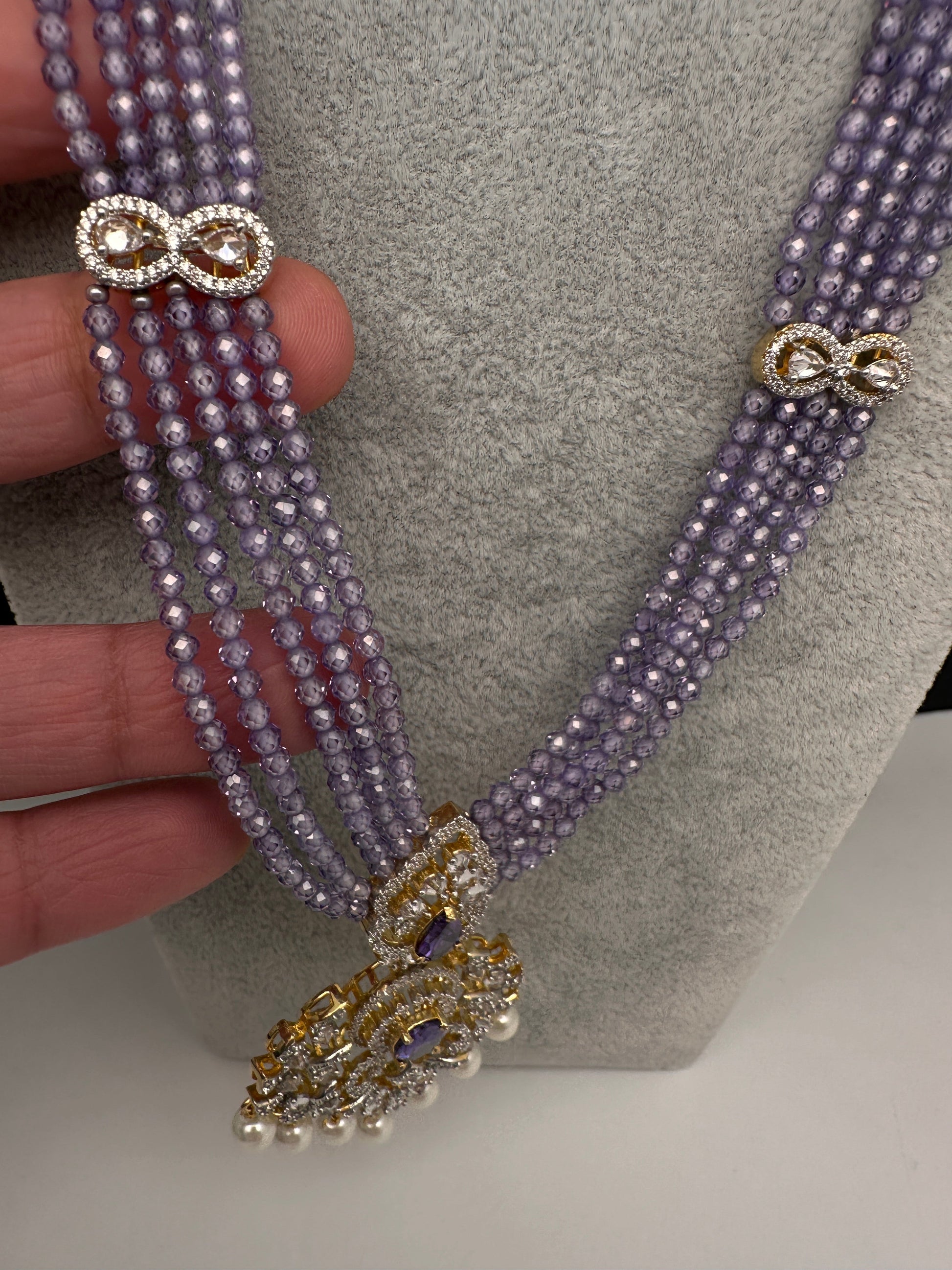 CZ Beads Long Color Stone Peacock Necklace - Purple