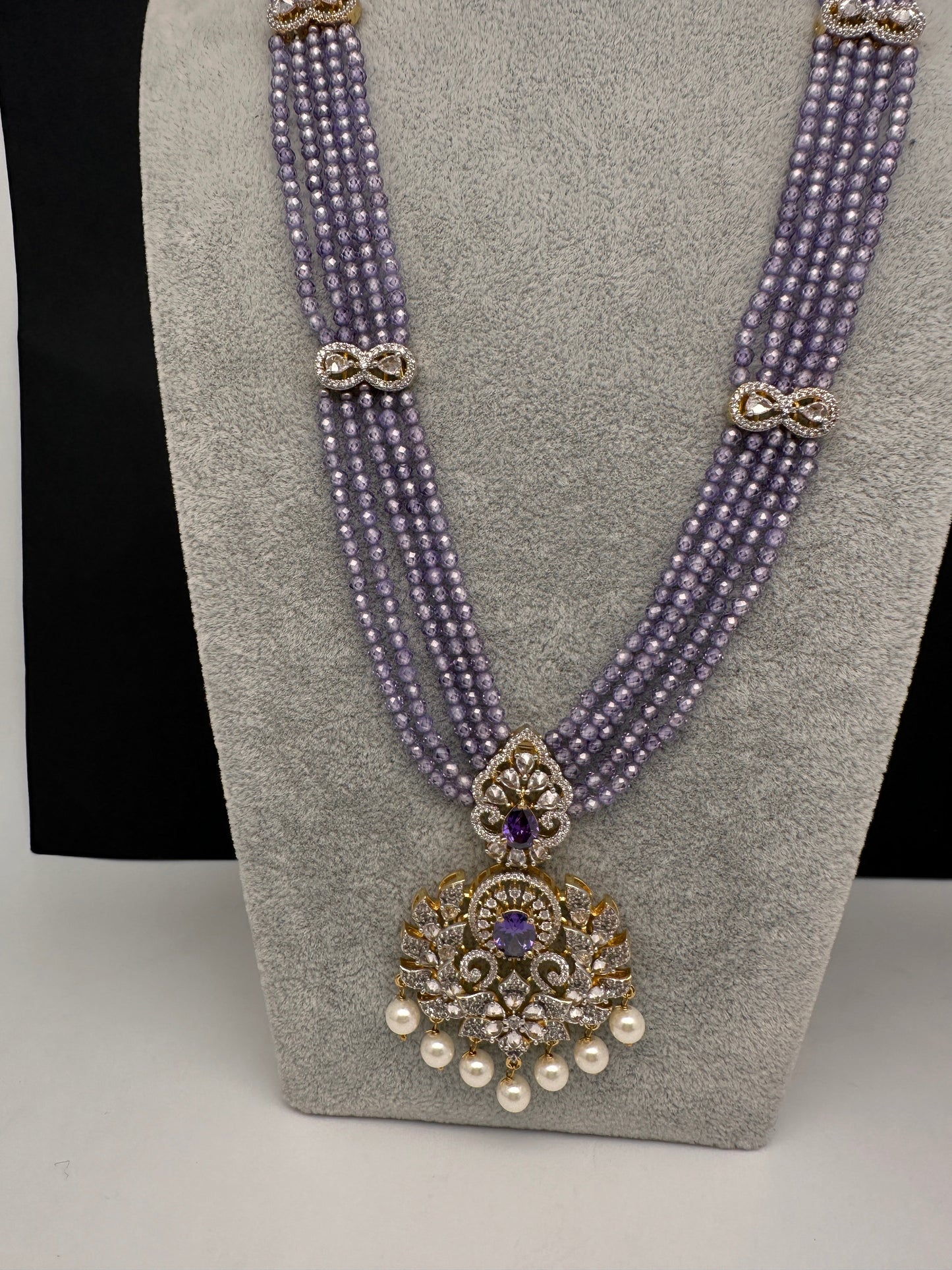 CZ Beads Long Color Stone Peacock Necklace - Purple
