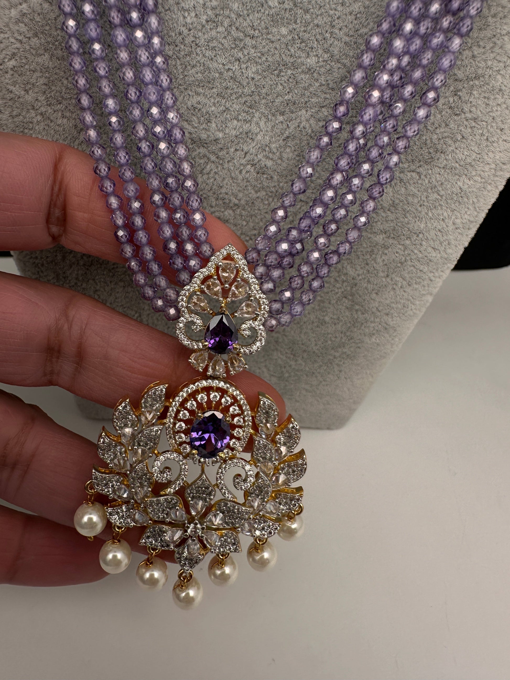 CZ Beads Long Color Stone Peacock Necklace - Purple