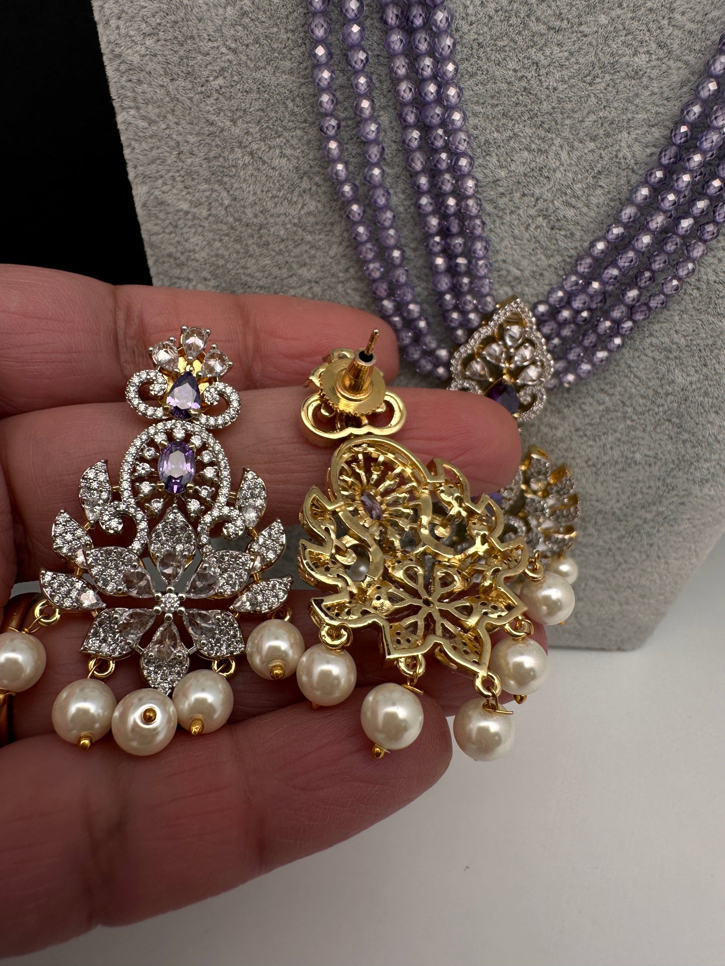 CZ Beads Long Color Stone Peacock Necklace - Purple