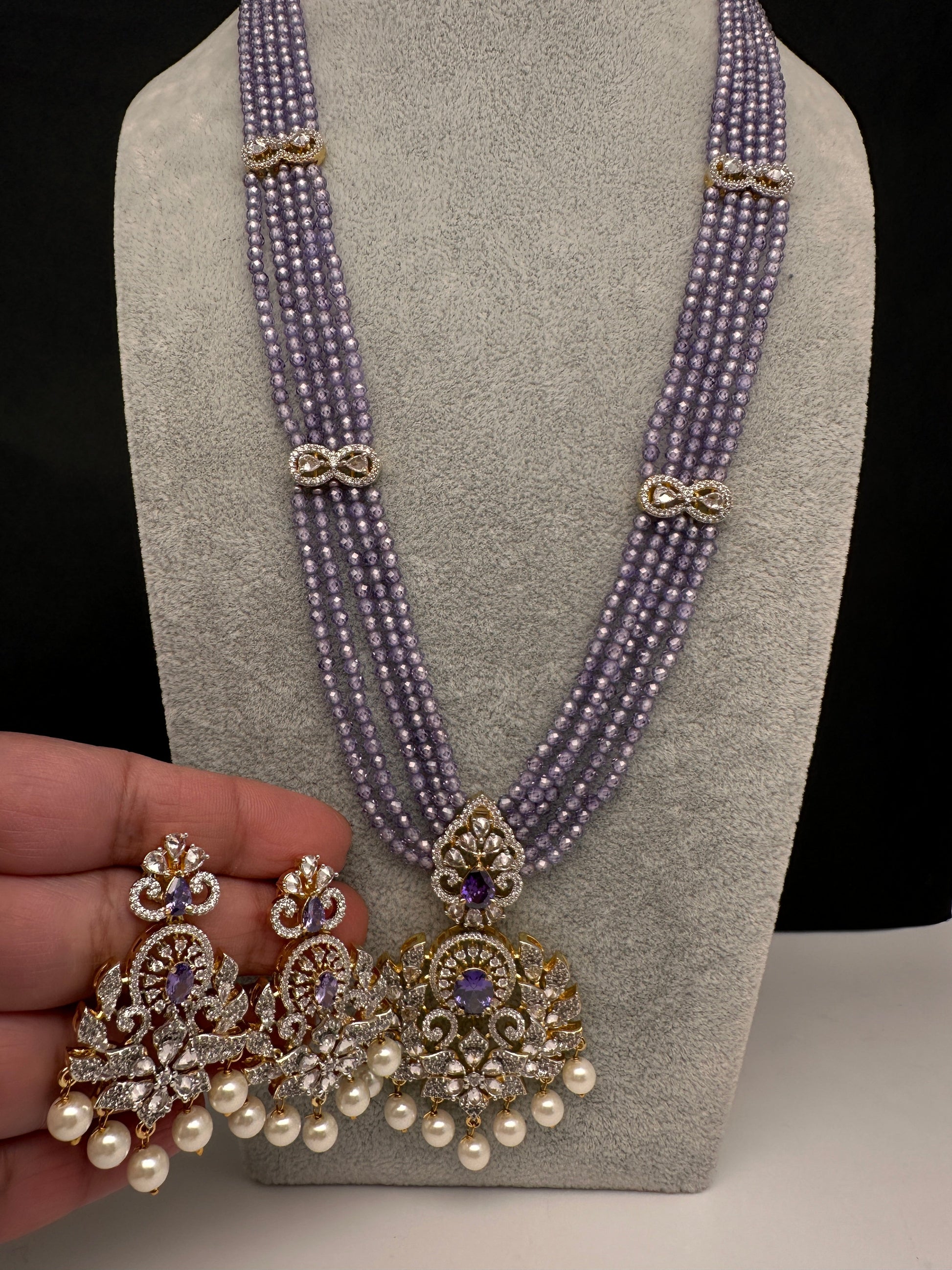 CZ Beads Long Color Stone Peacock Necklace - Purple