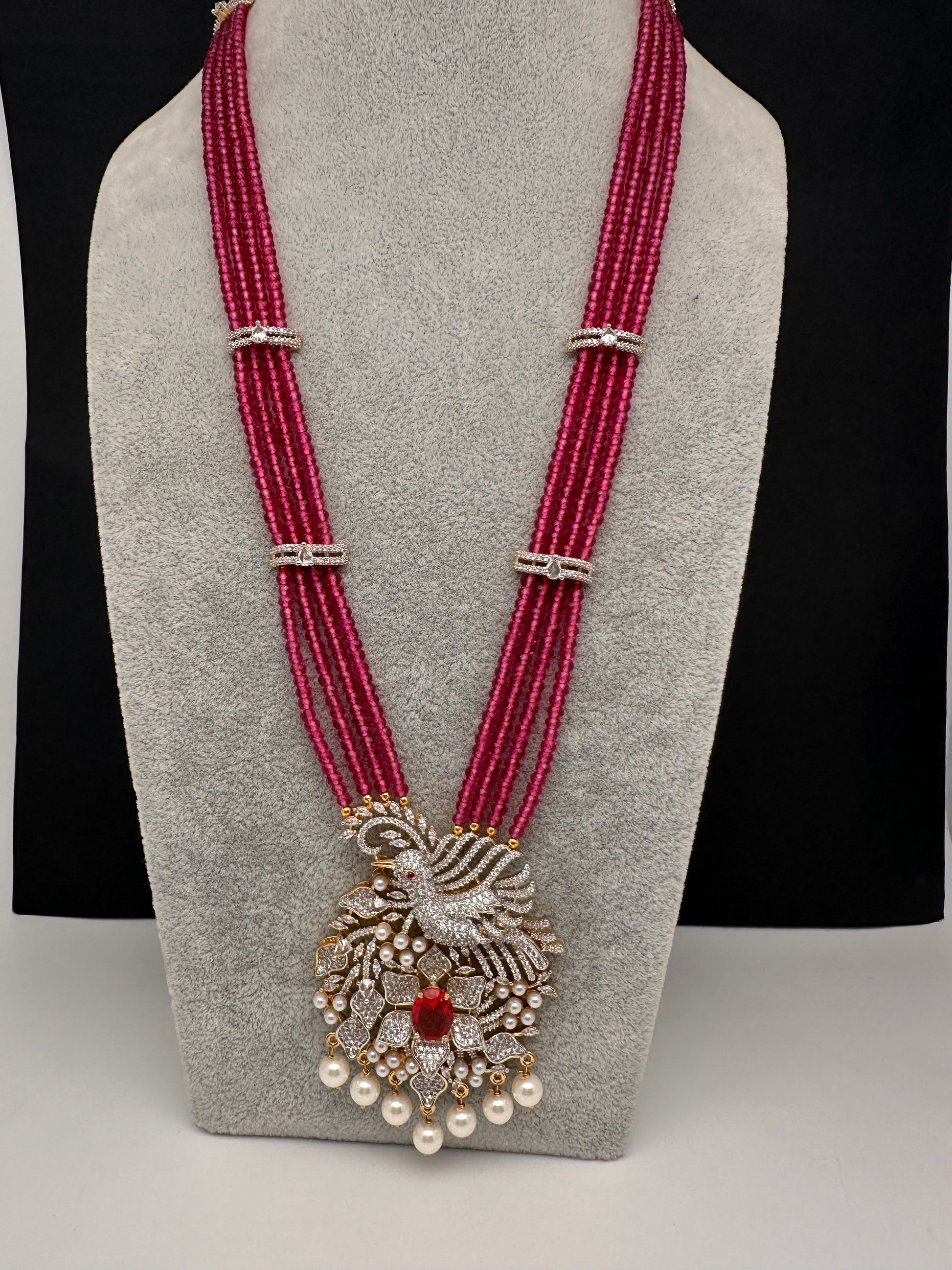 CZ Beads Long Color Stone Birdie Necklace - Pink