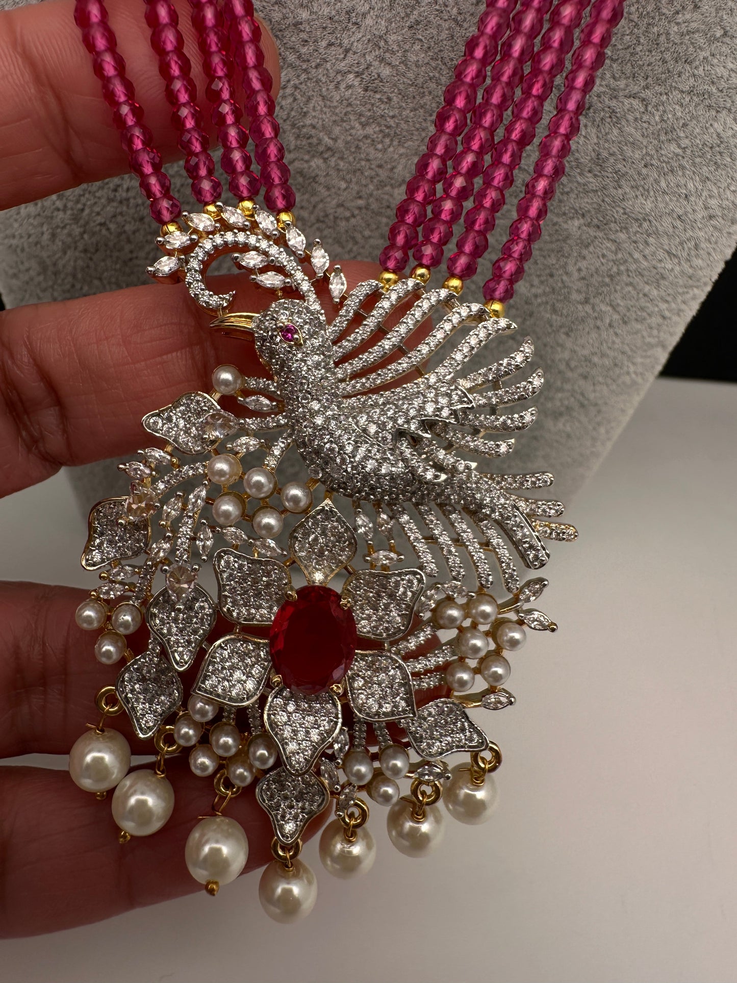 CZ Beads Long Color Stone Birdie Necklace - Pink