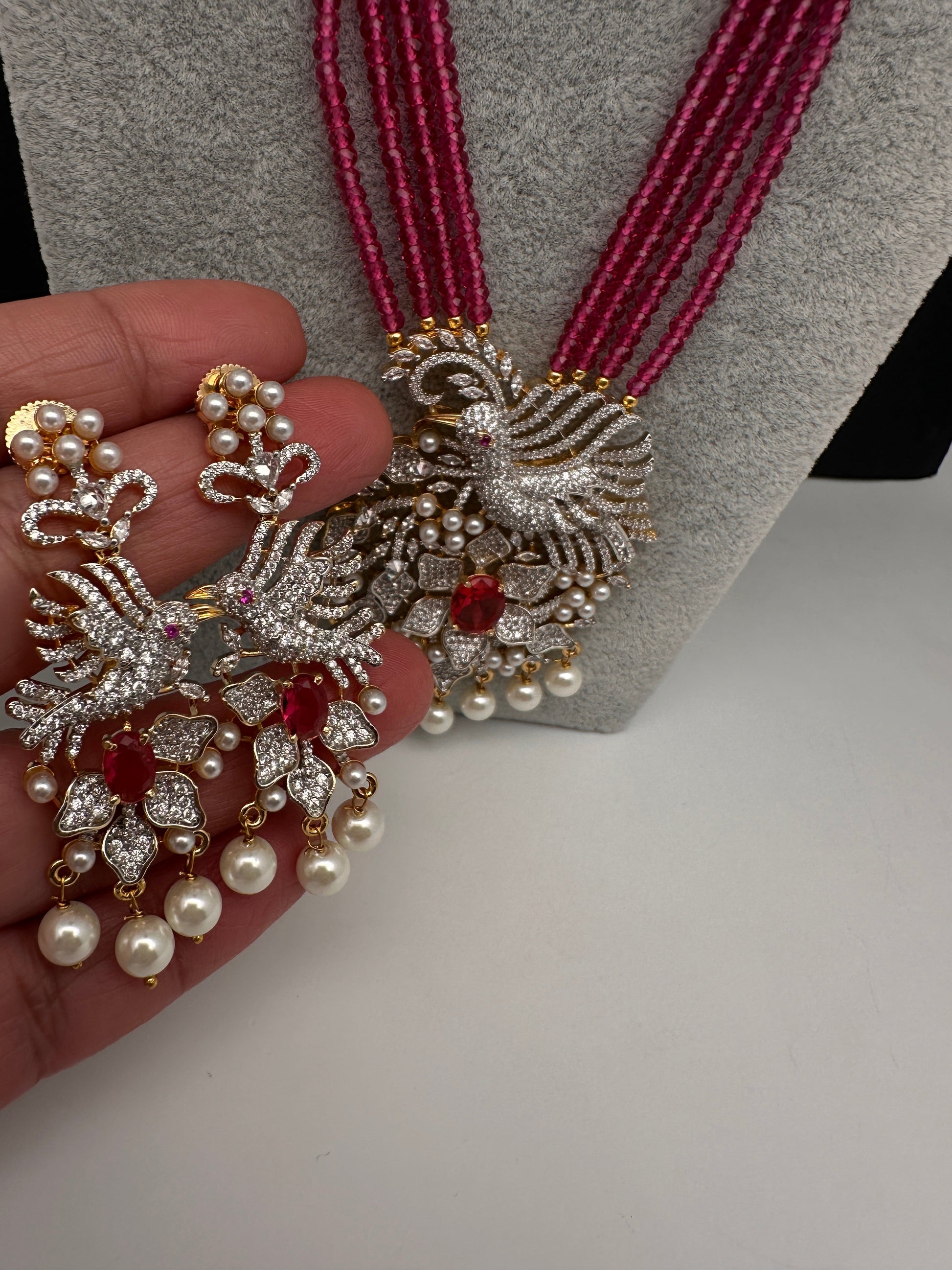 CZ Beads Long Color Stone Birdie Necklace - Pink