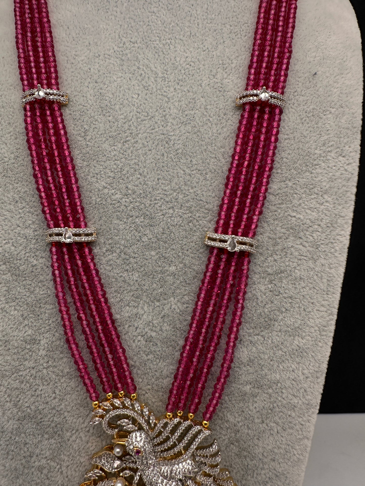 CZ Beads Long Color Stone Birdie Necklace - Pink