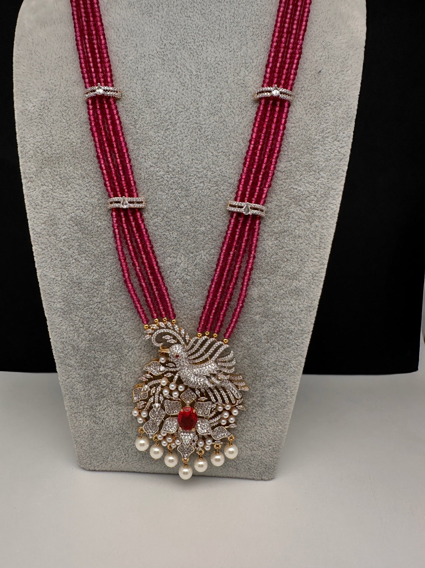 CZ Beads Long Color Stone Birdie Necklace - Pink