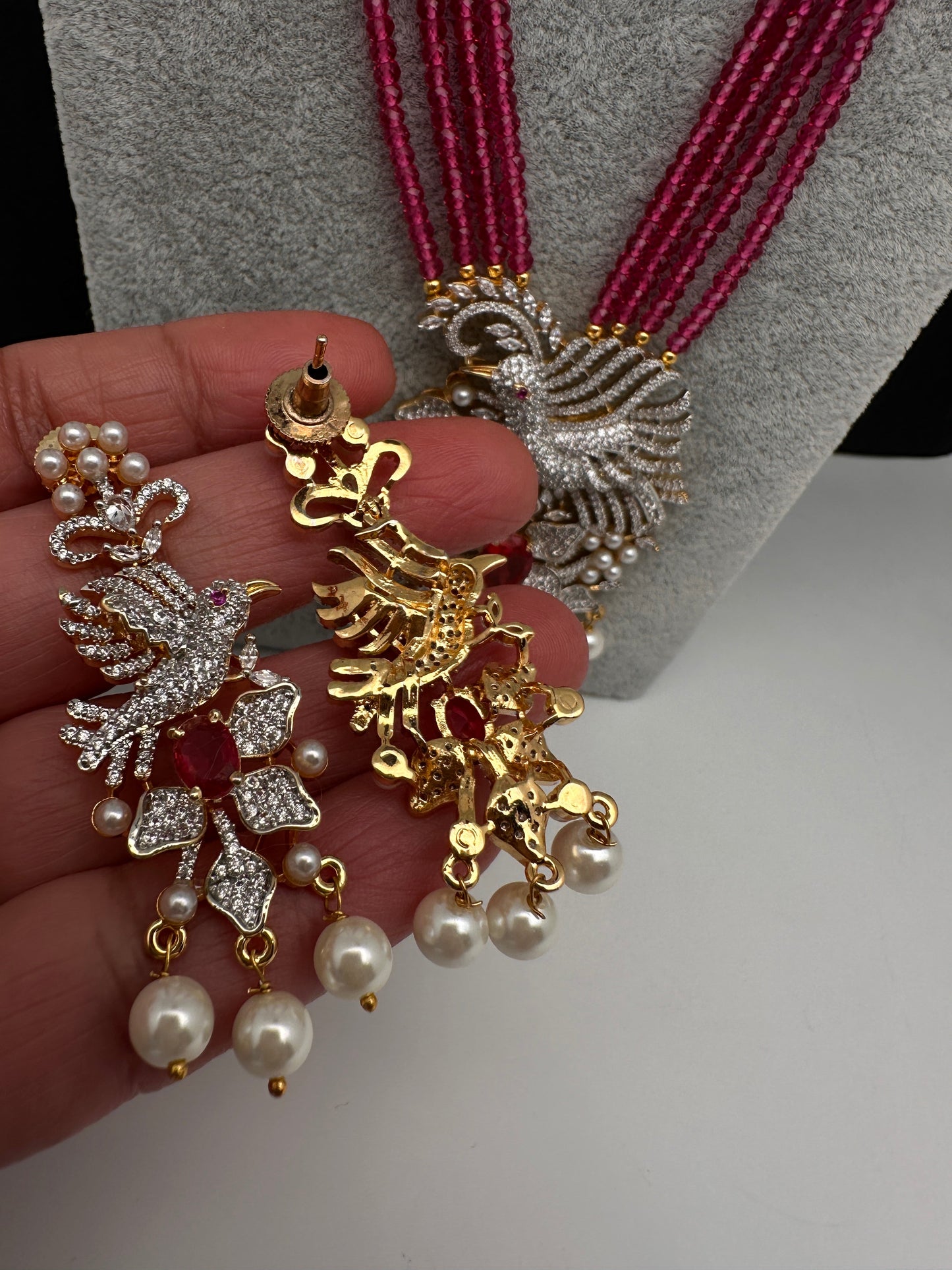 CZ Beads Long Color Stone Birdie Necklace - Pink