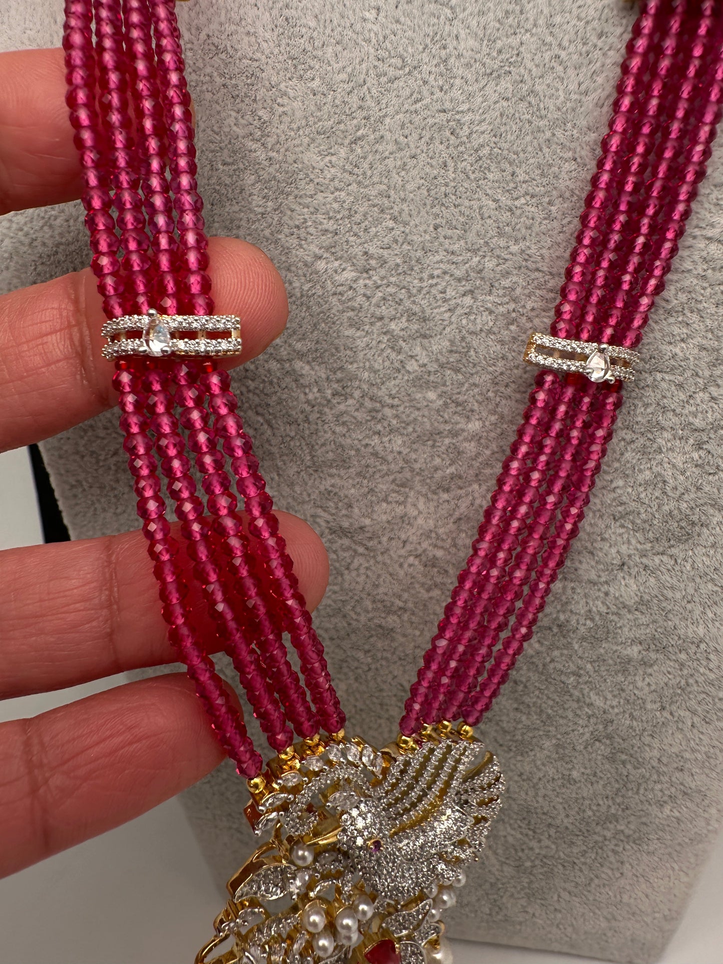 CZ Beads Long Color Stone Birdie Necklace - Pink