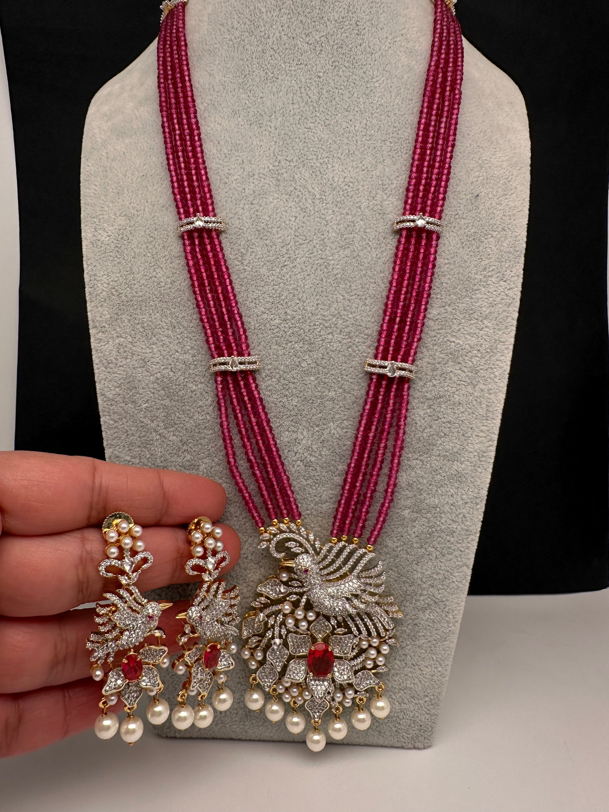 CZ Beads Long Color Stone Birdie Necklace - Pink