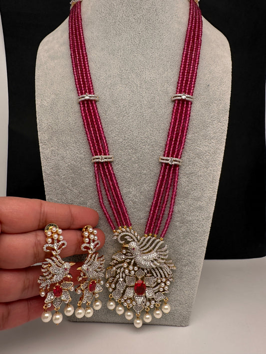 CZ Beads Long Color Stone Birdie Necklace - Pink