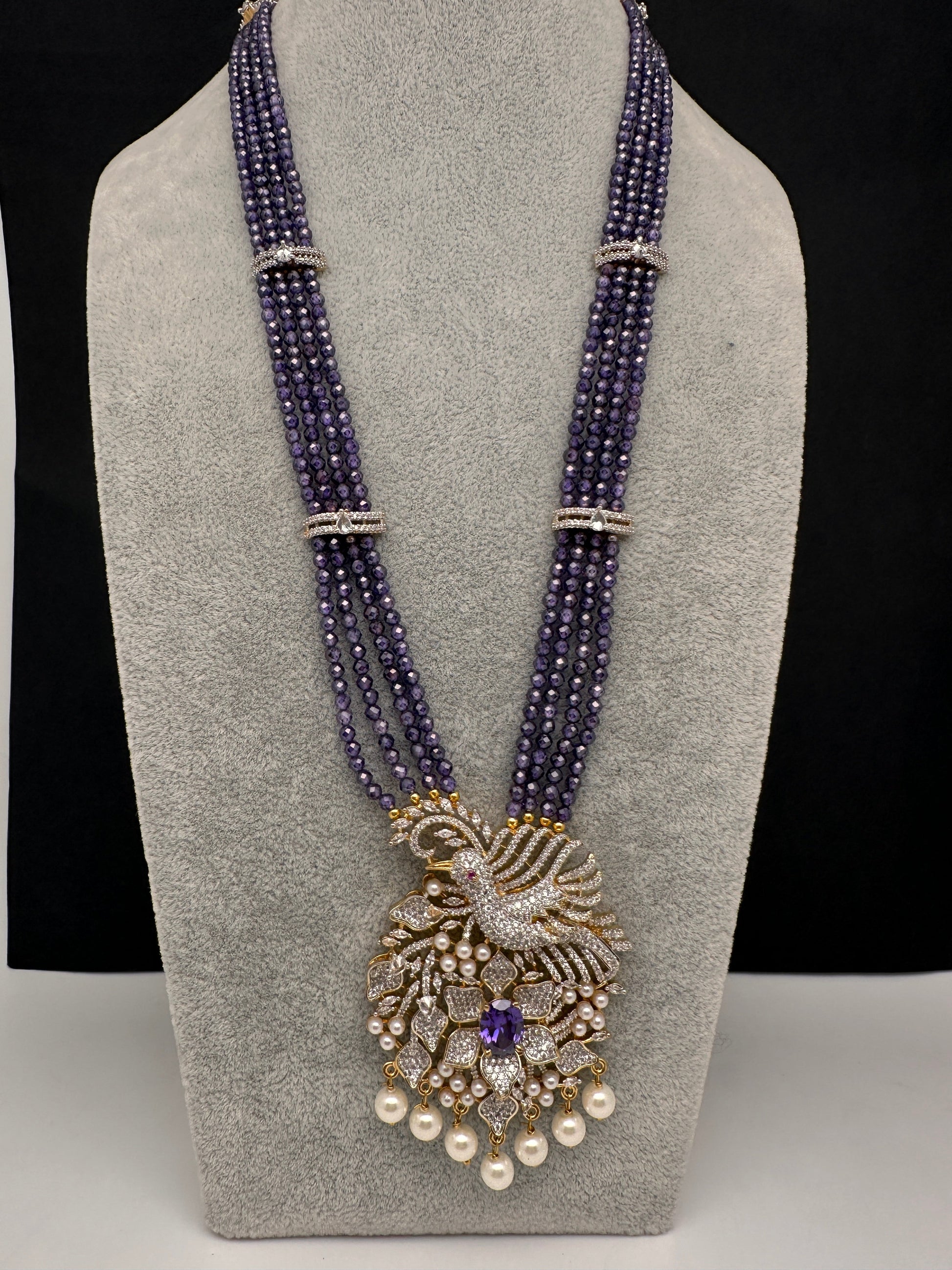 CZ Beads Long Color Stone Birdie Necklace - Purple