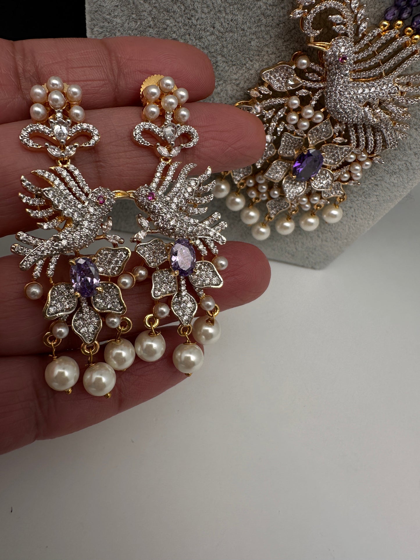 CZ Beads Long Color Stone Birdie Necklace - Purple