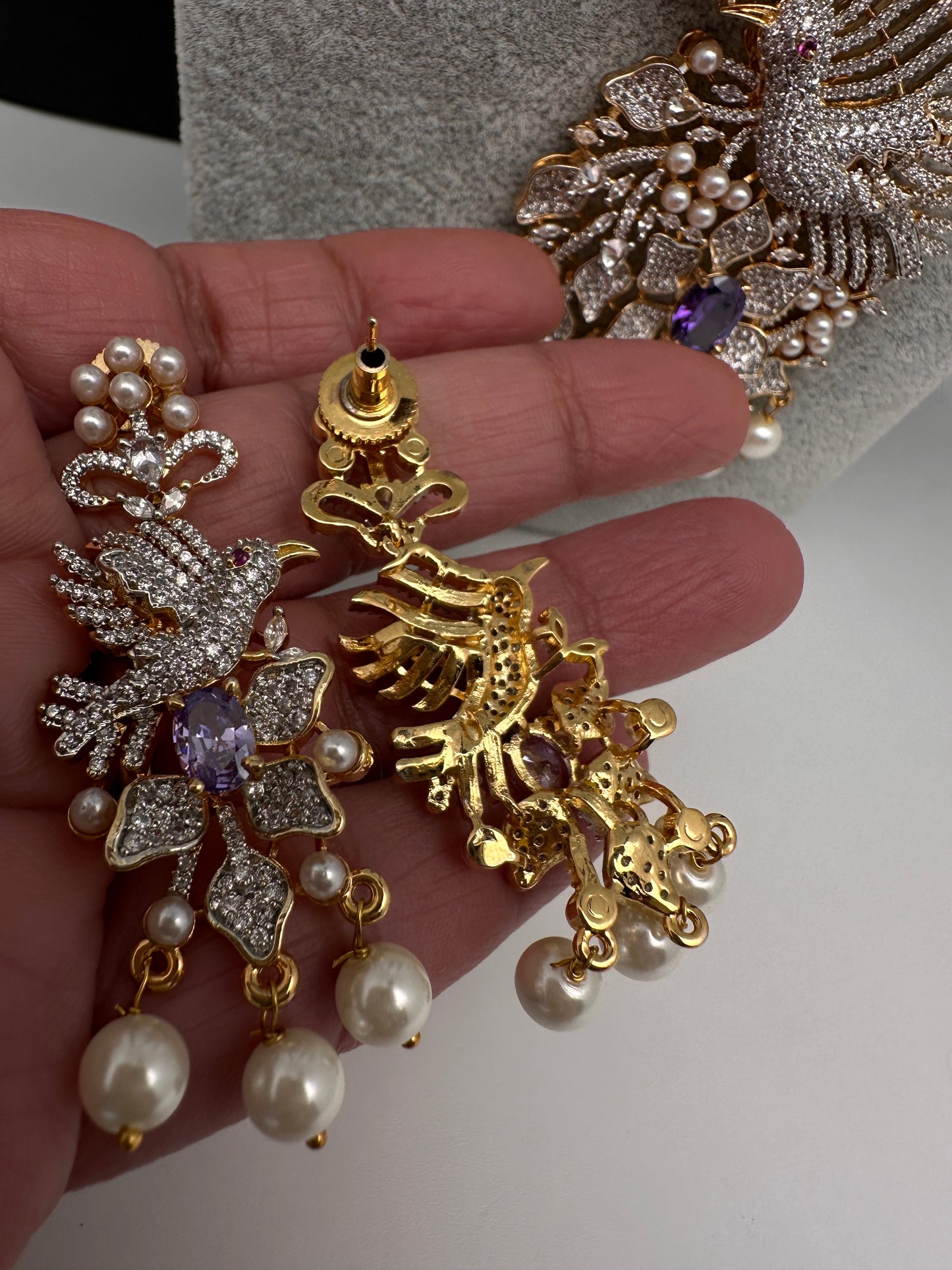 CZ Beads Long Color Stone Birdie Necklace - Purple