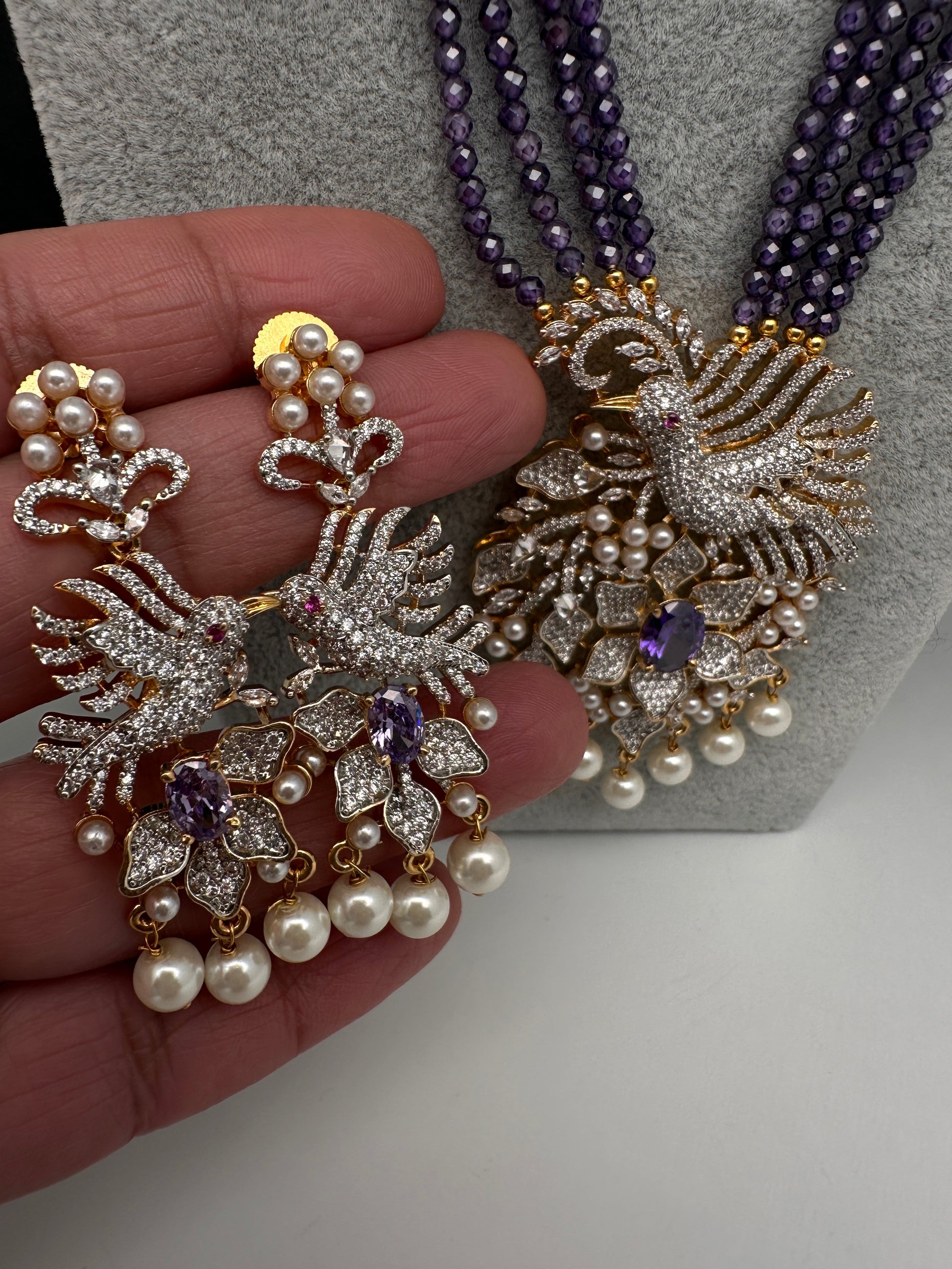 CZ Beads Long Color Stone Birdie Necklace - Purple