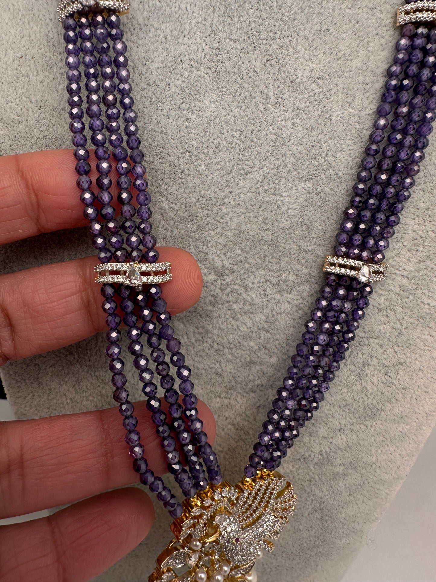 CZ Beads Long Color Stone Birdie Necklace - Purple