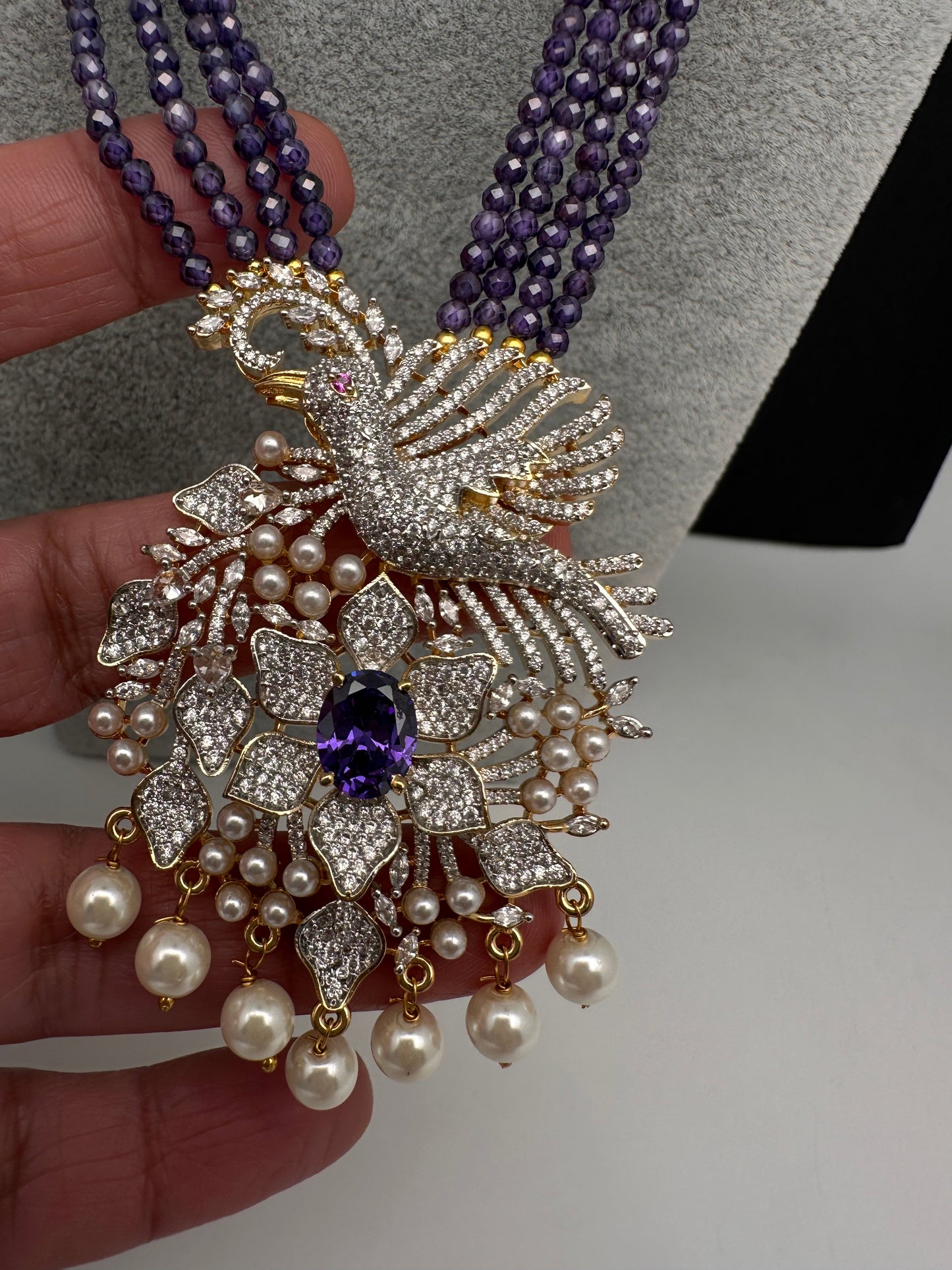 CZ Beads Long Color Stone Birdie Necklace - Purple