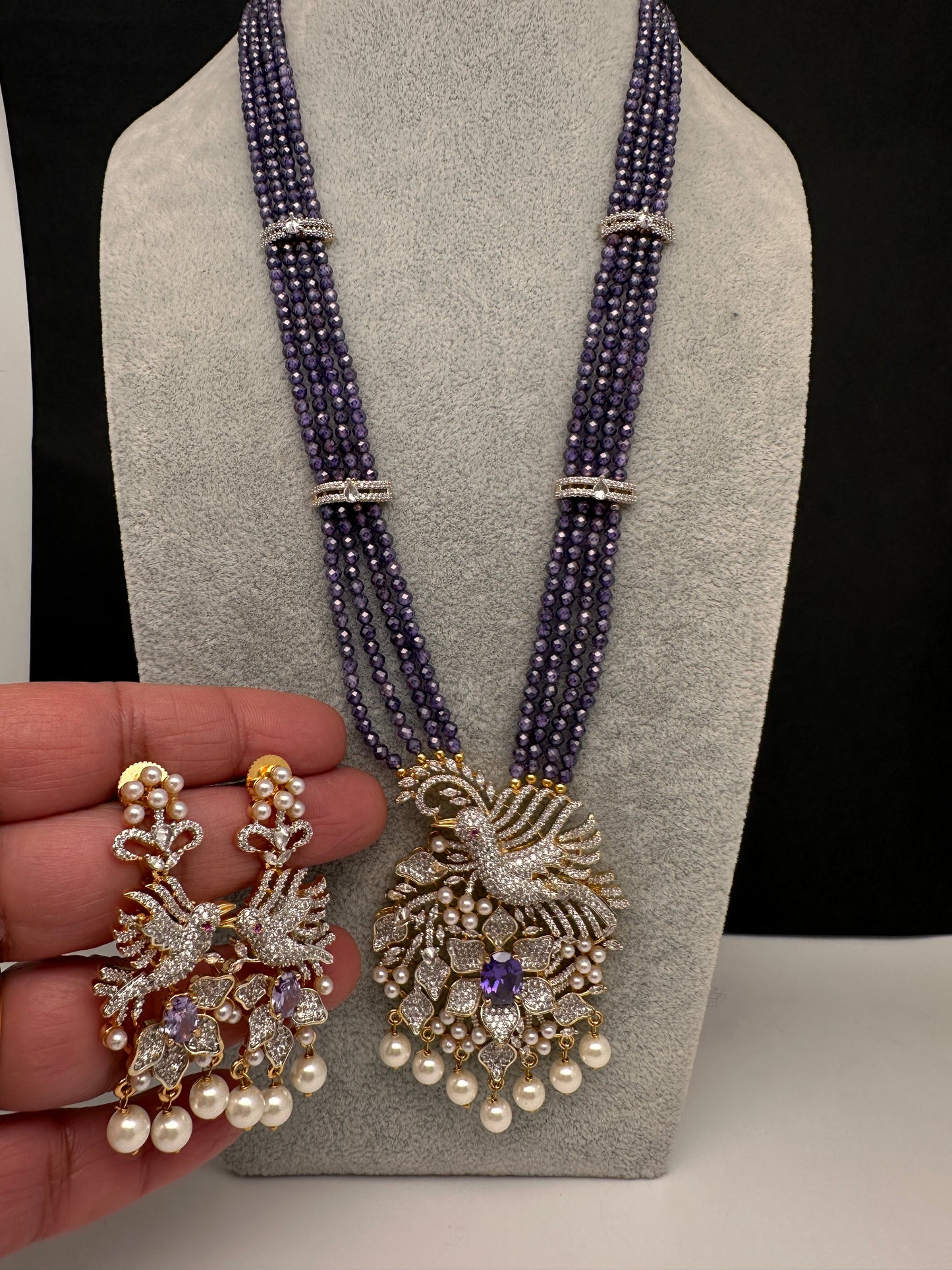 CZ Beads Long Color Stone Birdie Necklace - Purple