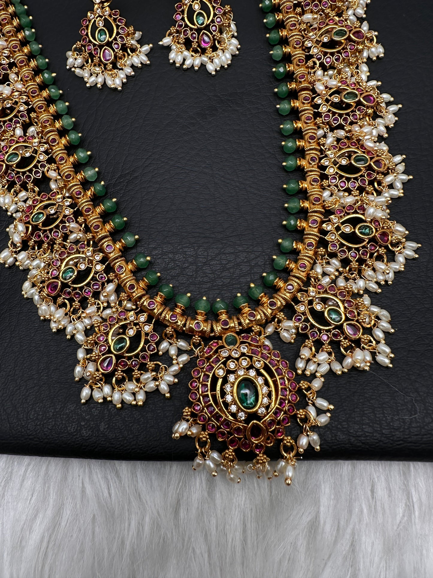 Rice Pearls Kempu Long Guttapusalu Necklace