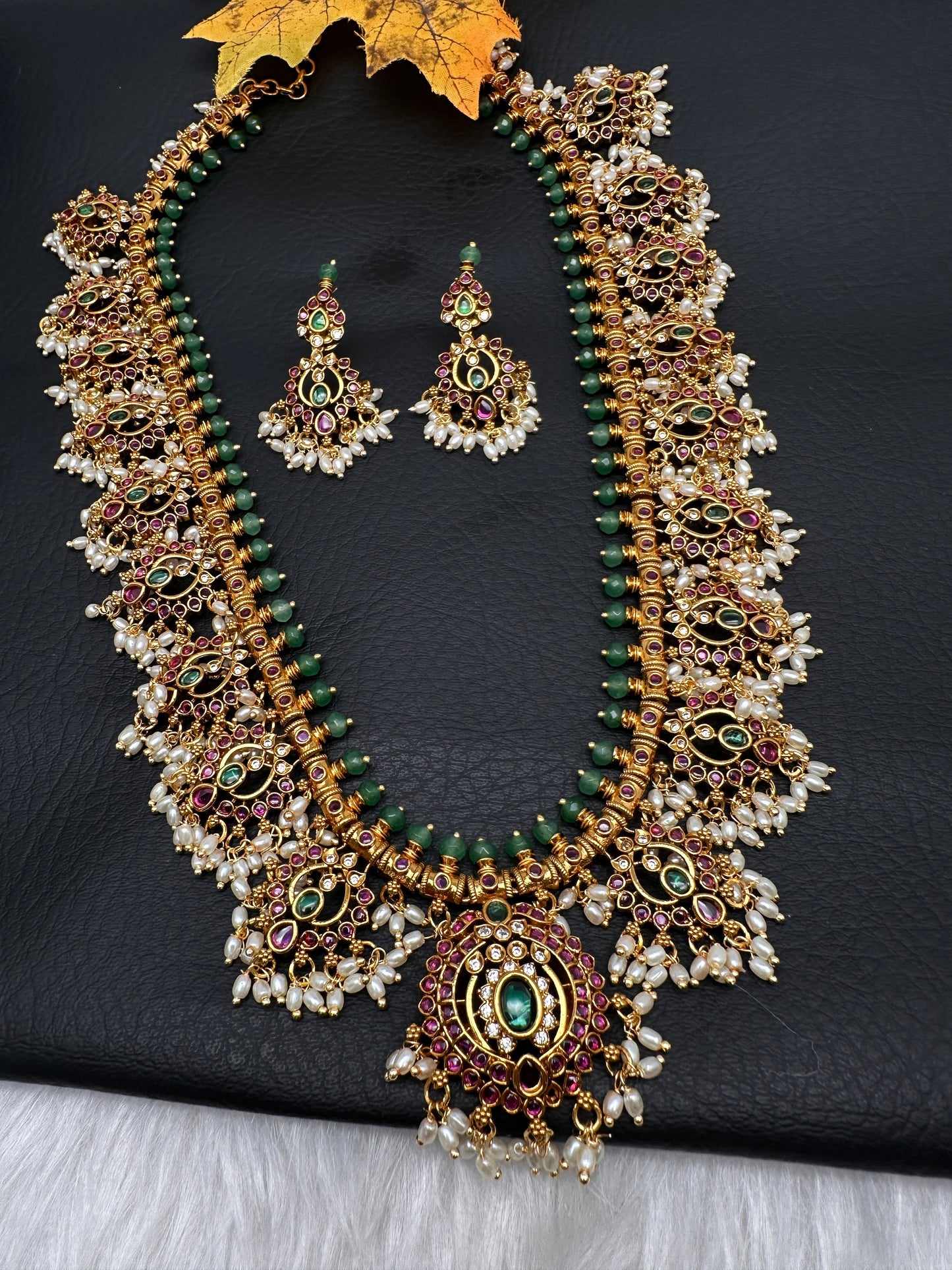 Rice Pearls Kempu Long Guttapusalu Necklace