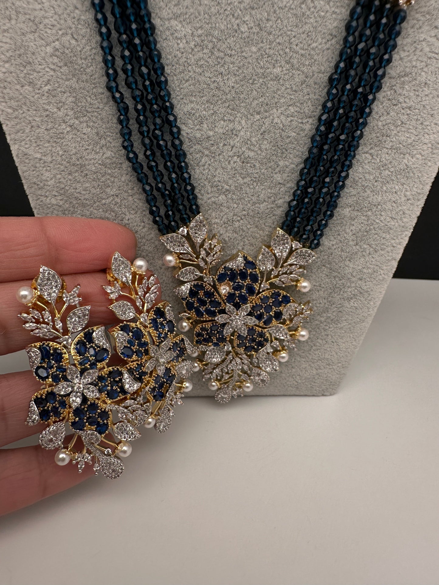 CZ Nano Stones Beads Long Color  Necklace - Blue