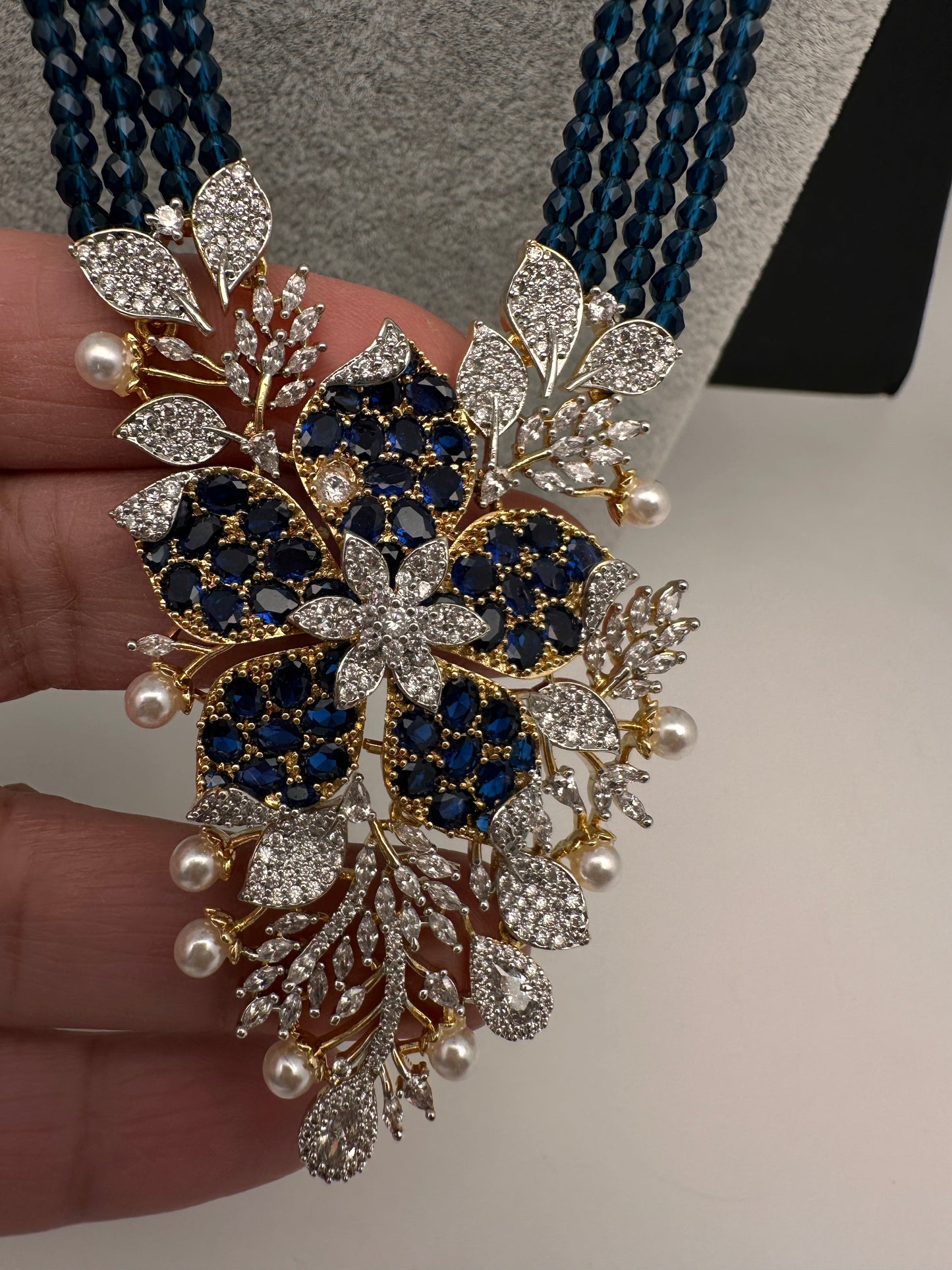 CZ Nano Stones Beads Long Color  Necklace - Blue