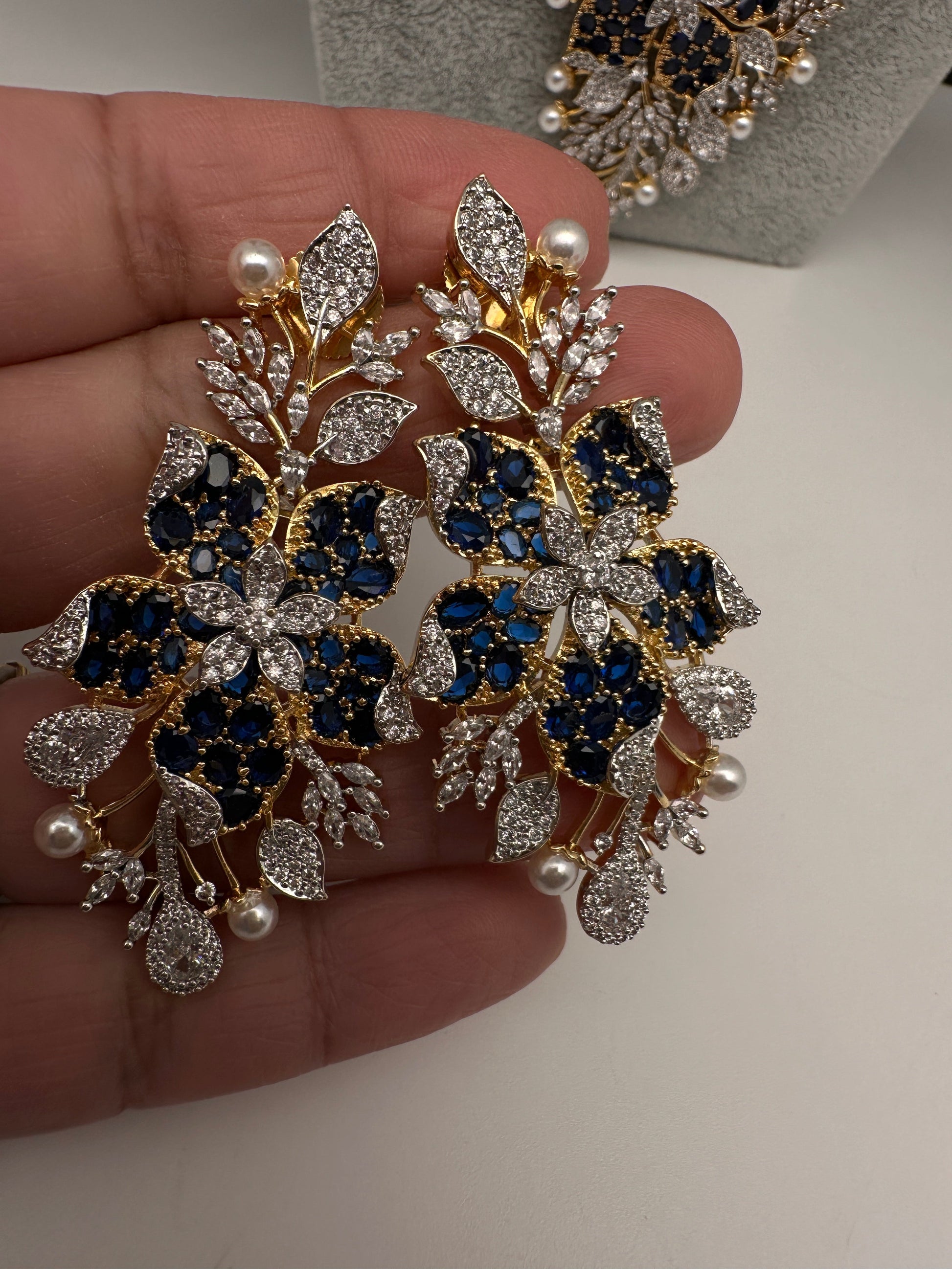 CZ Nano Stones Beads Long Color  Necklace - Blue